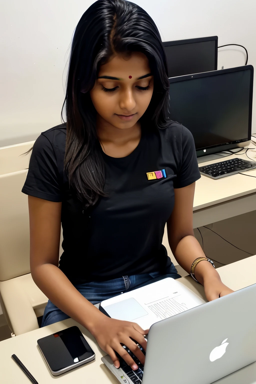 indian young lady doing coding in his macbook at IT Company