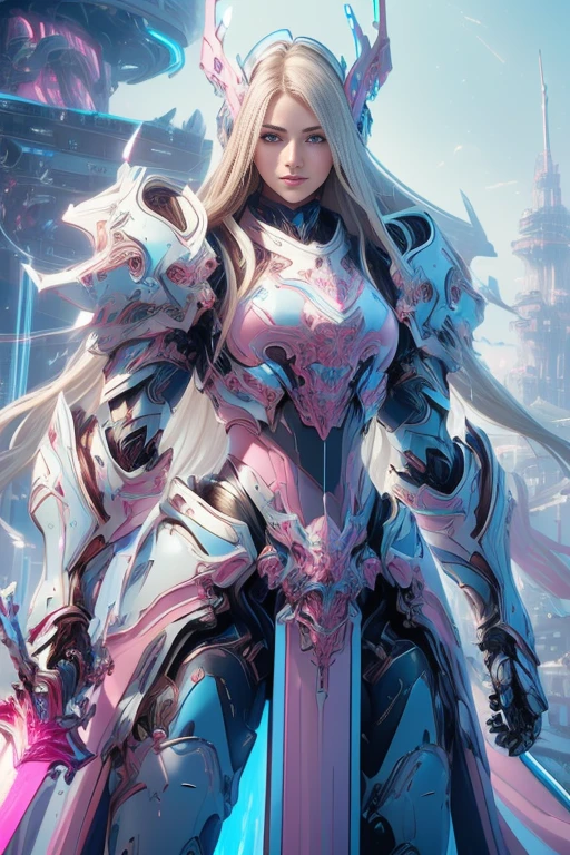 Photorealistic Image ((Masterpiece)), ((High Quality)) UHD 8K, of a Beautiful girl, Realistic Slim Lights Transforming Robot, (Medium Chest), (Skinny Waist), (Long Blonde Hair), (Blue Eyes)), ((Hyper-realistic mecha armor, with pink metal and intricate ice blue lights)), (((extra big sword in right hand))), (in combat position, on a futuristic ship, science fiction)