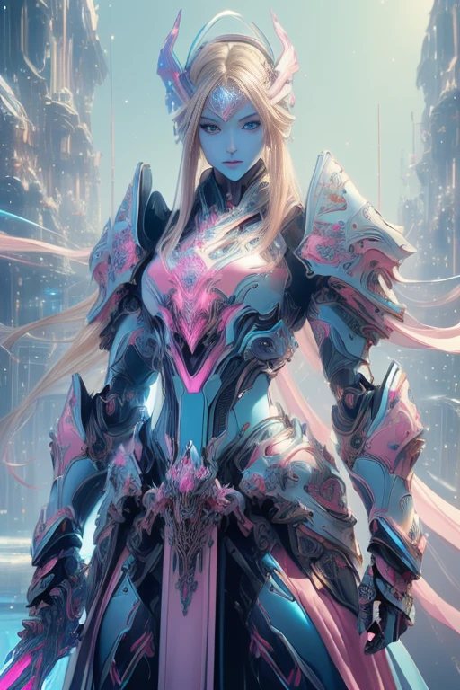 Photorealistic Image ((Masterpiece)), ((High Quality)) UHD 8K, of a Beautiful girl, Realistic Slim Lights Transforming Robot, (Medium Chest), (Skinny Waist), (Long Blonde Hair), (Blue Eyes)), ((Hyper-realistic mecha armor, with pink metal and intricate ice blue lights)), (((extra big sword in right hand))), (in combat position, on a futuristic ship, science fiction)