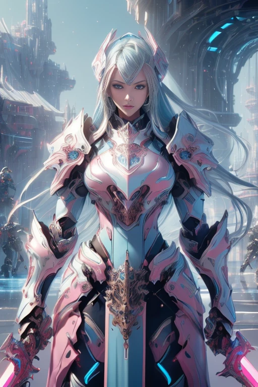 Photorealistic Image ((Masterpiece)), ((High Quality)) UHD 8K, of a Beautiful girl, Realistic Slim Lights Transforming Robot, (Medium Chest), (Skinny Waist), (Long Blonde Hair), (Blue Eyes)), ((Hyper-realistic mecha armor, with pink metal and intricate ice blue lights)), (((extra big sword in right hand))), (in combat position, on a futuristic ship, science fiction)