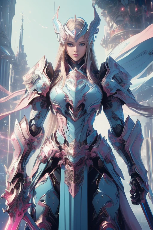 Photorealistic Image ((Masterpiece)), ((High Quality)) UHD 8K, of a Beautiful girl, Realistic Slim Lights Transforming Robot, (Medium Chest), (Skinny Waist), (Long Blonde Hair), (Blue Eyes)), ((Hyper-realistic mecha armor, with pink metal and intricate ice blue lights)), (((extra big sword in right hand))), (in combat position, on a futuristic ship, science fiction)