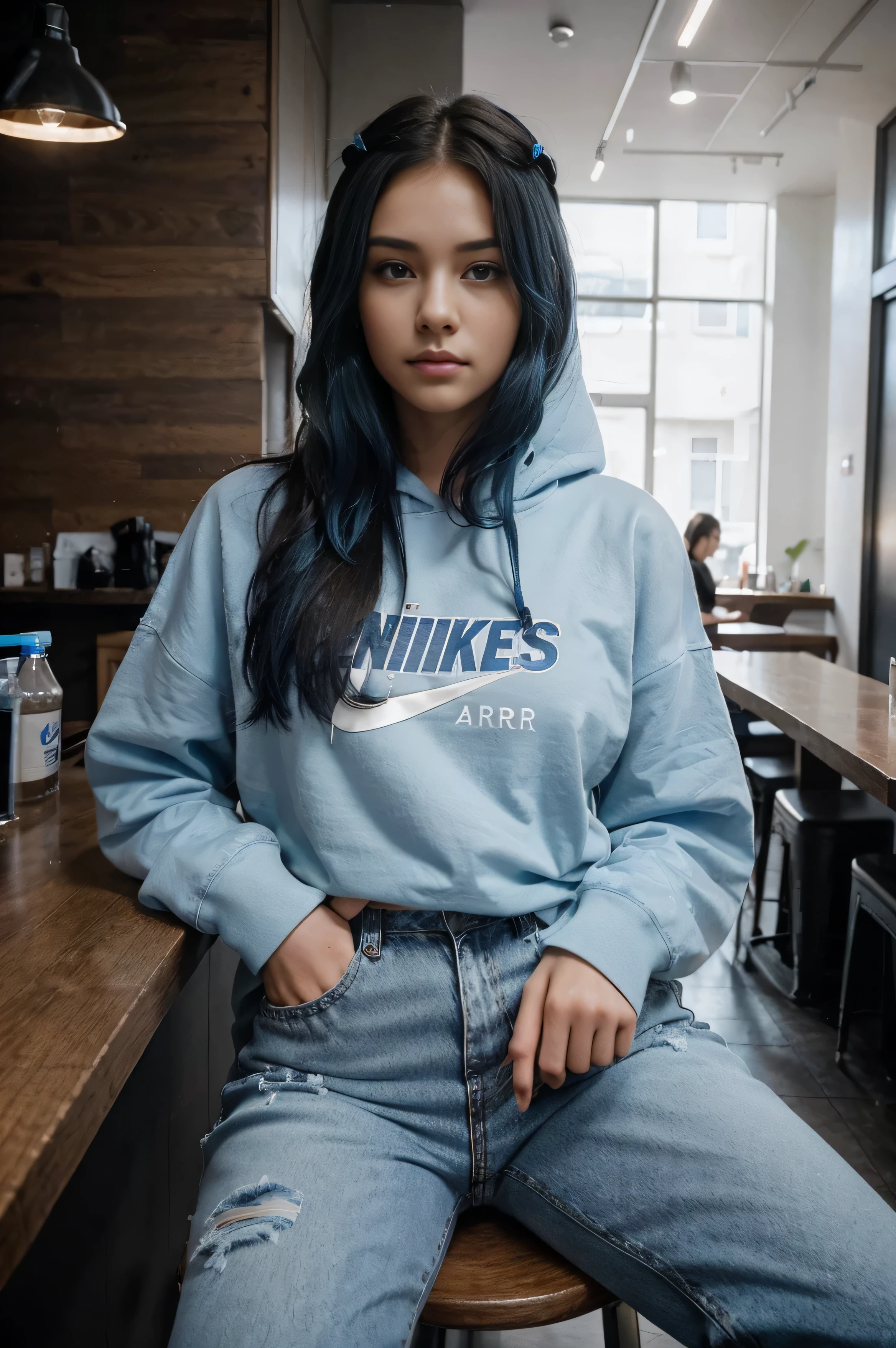 22 year old woman with blue hair., All hair is carefully checked. She has a beautiful delicate face with highly detailed skin. Slim and slender, with a pronounced mole under the eye. Her skin is white. Sitting on the bar, her hair has a wavy texture. She'he is dressed in street style: black cargo jeans, Oversized T-shirt, and Nike Air Force 1 sneakers. She'He's also wearing a huge hoodie..
She'waiting in the cafe, passionate about K-pop culture, and is known as a powerful Instagram influencer. She'he is also a gamer. Her clothing style is baggy, with shiny hair and sparkling brown eyes. Her skin is shiny, with an ideal female figure and narrow waist.
Her illustrations and photographs are high resolution., high-quality shadows and high detail. young woman'The eyes and face are very detailed. Her portrayal of her face and figure is realistically and cinematically lit., with side light, lens flare and sharp focus. This is high level art, which is detailed and realistic.