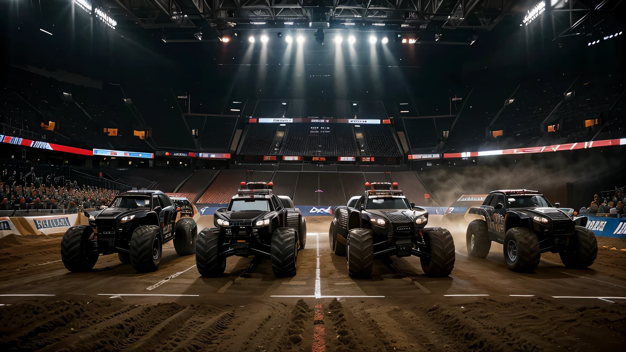 image of three radio controlled monster trucks, stand out noticeably in the foreground against a background of dark tones., realistic arena background.