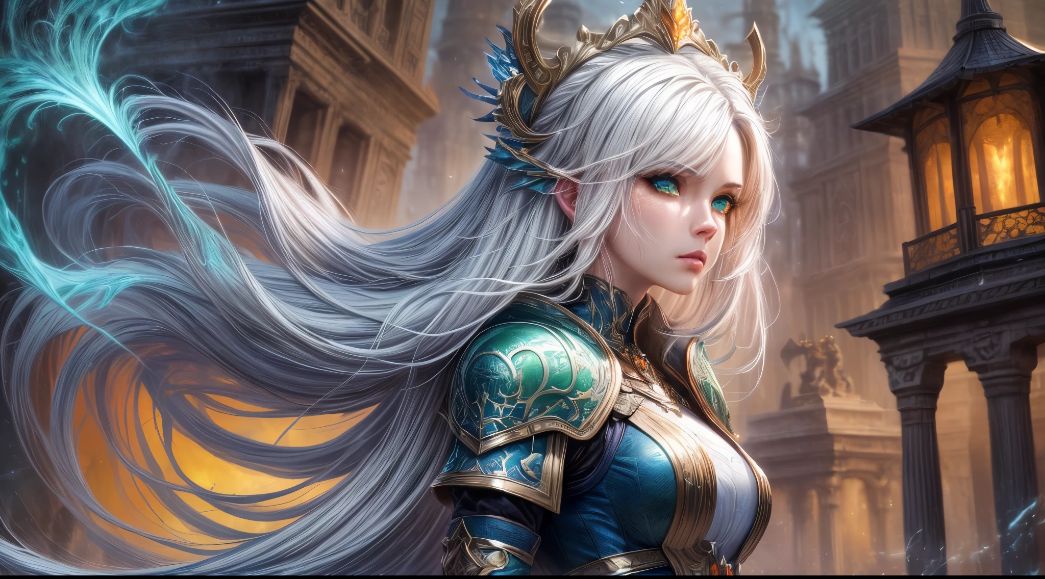 fantasy art, dnd art, RPG art, wide shot, (masterpiece: 1.4) a (portrait: 1.3) intense details, highly detailed, photorealistic, best quality, highres, portrait a vedalken female (fantasy art, Masterpiece, best quality: 1.3) ((blue skin: 1.5)), intense details facial details, exquisite beauty, (fantasy art, Masterpiece, best quality) cleric, (blue colored skin: 1.5) 1person blue_skin, blue skinned female, (white hair: 1.3), long hair, intense (green: 1.3) eye, fantasy art, Masterpiece, best quality) armed a fiery sword red fire, wearing heavy (white: 1.3) half plate mail armor, wearing high heeled laced boots, wearing an(orange :1.3) cloak, wearing glowing holy symbol GlowingRunes_yellow, within fantasy temple background, reflection light, high details, best quality, 16k, [ultra detailed], masterpiece, best quality, (extremely detailed), close up, ultra wide shot, photorealistic, RAW, fantasy art, dnd art, fantasy art, realistic art,((best quality)), ((masterpiece)), (detailed), perfect face