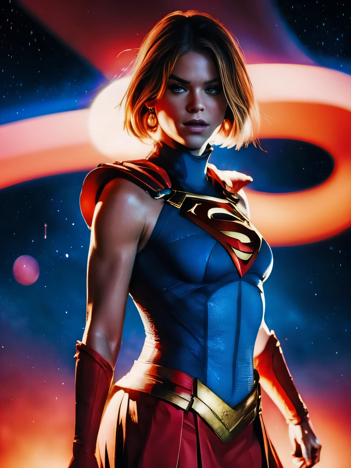 Cinema poster. (((A comic style, cartoon art))). Supergirl Posing for photo (((in epic heroic pose))) , wearing his iconic red and blue uniform, red cape,Wearing a little red skirt . ((Milly Alcock face)),(((slim, Body, Slender Hot Body))). ((((Cinematic cosmic space background )))) , vivid colors, detailed, detailed face, realistic shadows and bright, glowing.