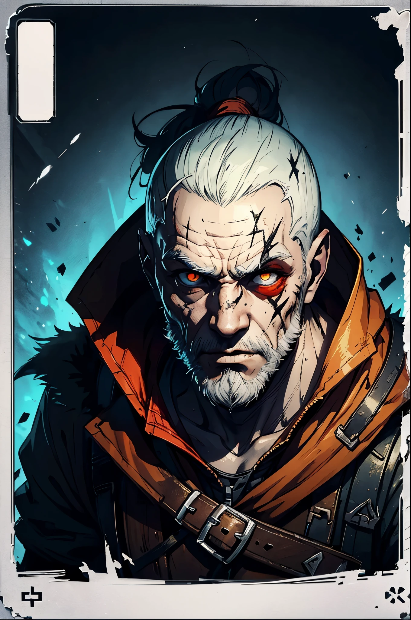 a drawing of a zombie with a marks on his head, a character portrait, by Ryan Yee, Artstation contest winner, fire tundra background, league of legend illustration, wearing ruined clothes, detailed white, card game illustration, full body close-up shot, detailed background , full body