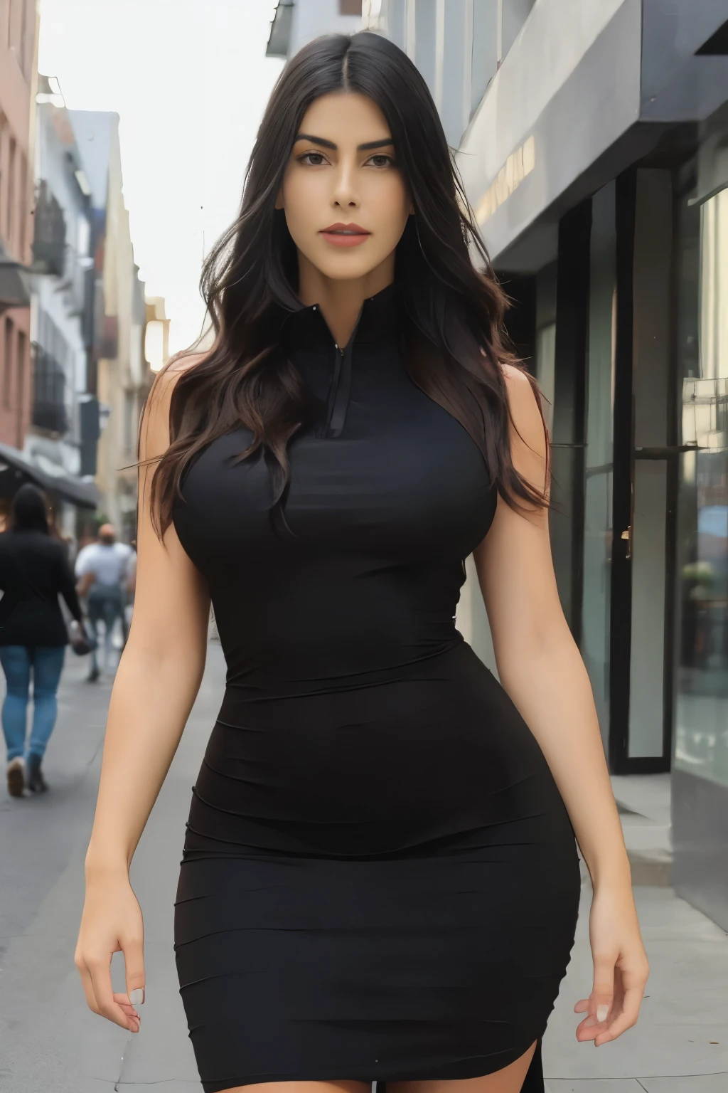 aridugarte wearing a black dress, standing, full body shot, looking at viewer, in a street, intricate high detail, (vibrant, photo realistic, realistic, sharp focus) ((film grain, skin details, high detailed skin texture, 8k hdr, dslr)), 8k uhd, her hair is blonde and curly, fit body shape,  size medium size big and round shape looks attractive in shape.