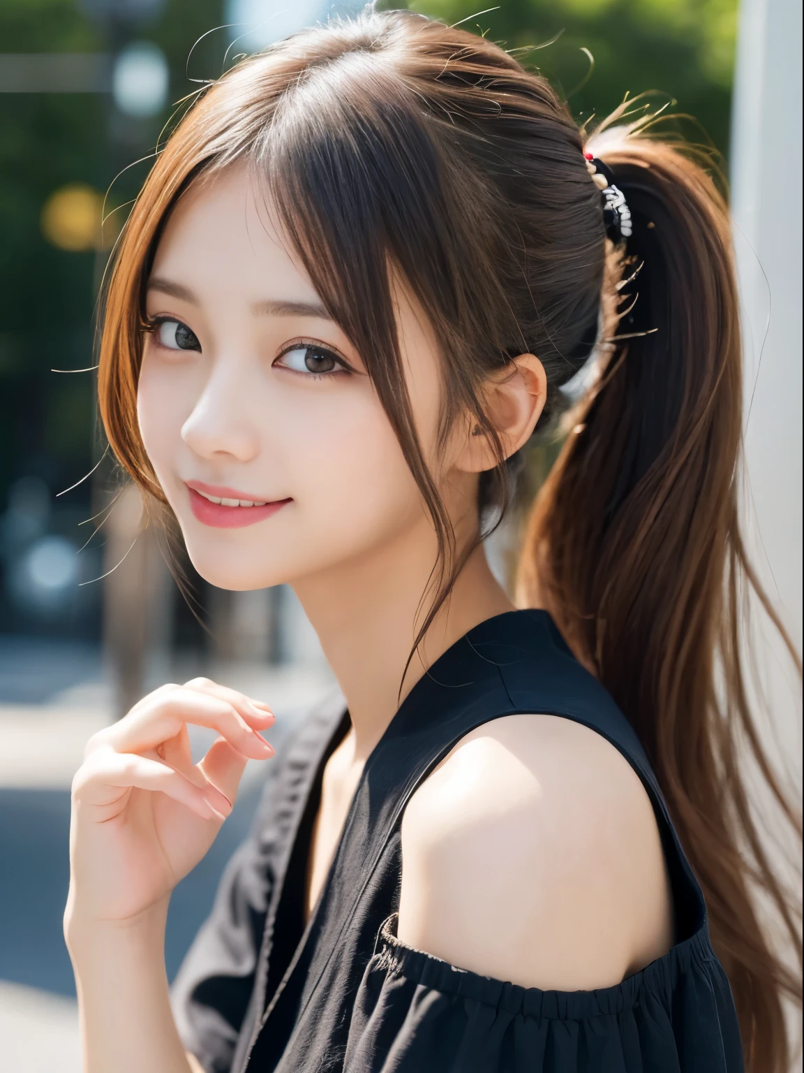 masutepiece, Japanese idol 、Best Quality, Illustration, Ultra-detailed, finely detail, hight resolution, 8K Wallpaper, Perfect dynamic composition, Beautiful detailed eyes, Women's Fashion,Natural Color Lip, twin-tail hair. Bold sexy poses,Smile,Harajuku、 girl、Cute、Sexy shot looking at camera,