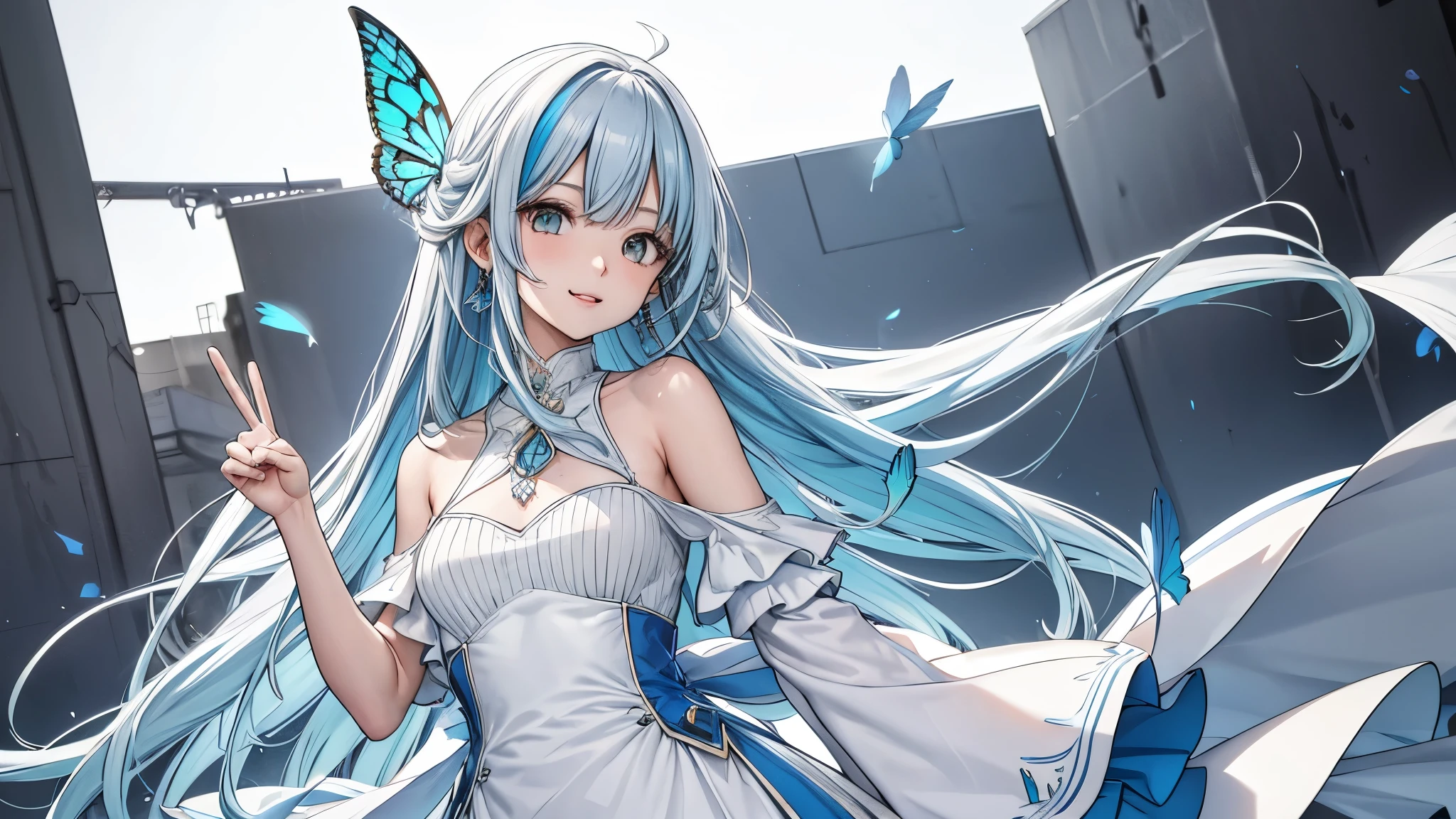 ( ✌:1.5) 1 chica, flor, ramo, pelo blanco, blue flor, adorno para el pelo, ojos azules, Dress, Solo, Rosa, Sonrisa, pelo largo, blue Rosa, holDing ramo, white Dress, holDing, mirando al espectador, mariposa, Boca abierta, multicoloreD hair, bicho, graDient hair, Sin mangas, rubor, corona, white backgrounD, very pelo largo, pelo azul, :D, youtuber virtual, golpes, hair flor, bare shoulDers, pendientes, Pinza para el cabello, joyas, Sin mangas Dress, simple backgrounD, gargantilla, velo, cinta, mini corona ,Turin Aqua,ski style
