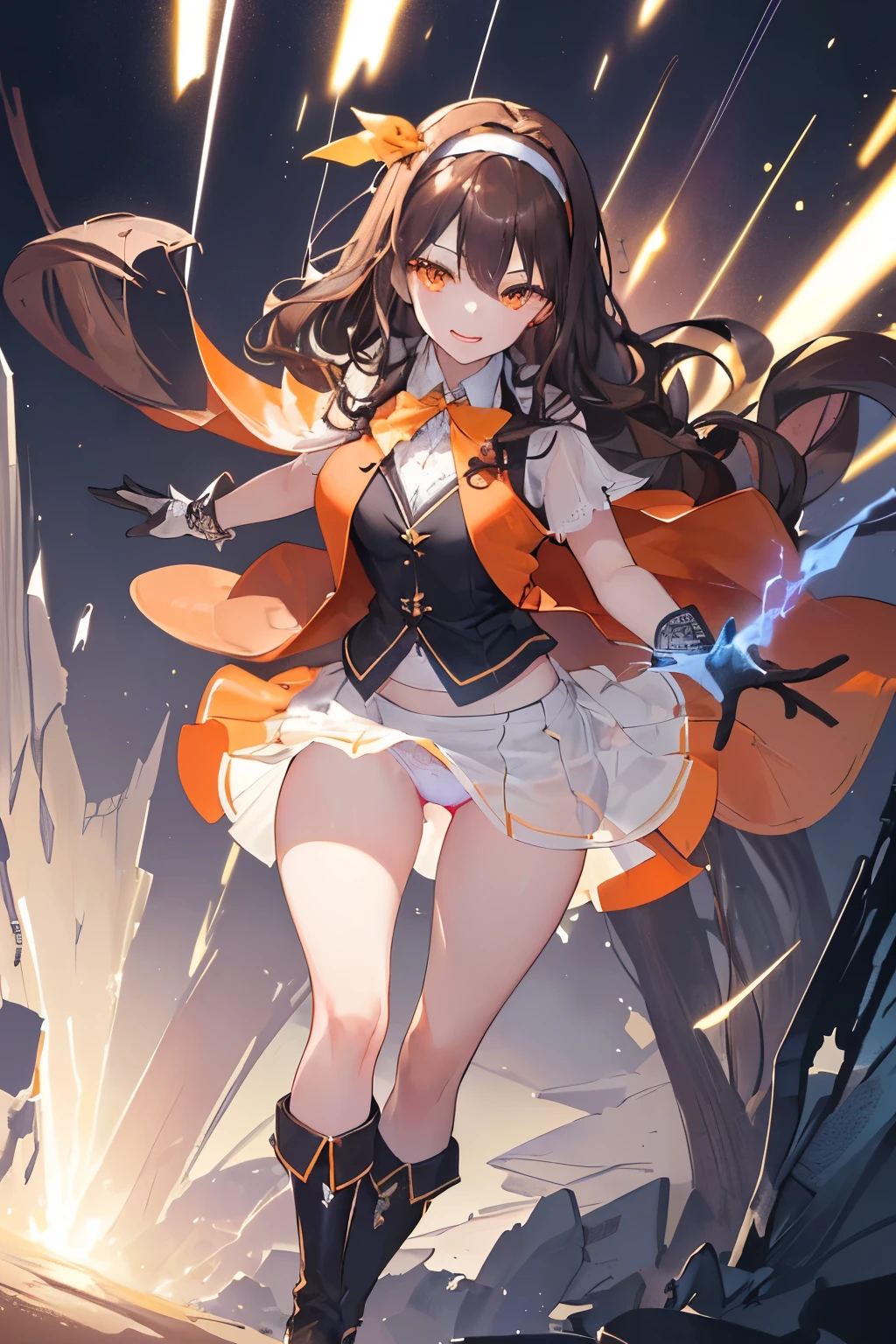(((1girl))), ((best quality)), ((masterpiece)), ((ultra-detailed)), (illustration), (detailed light), (an extremely delicate and beautiful), (beautiful detailed eyes), (sunlight), ((extremely light)), ((extremely clothes)), (((hyper detail))),(((((front lighting))))),(((((front light))))),
((((quite adorable and sexy Warock's robe with a blous, vest and a brief skirt and magical hairband))), (((Master Warock))),
,
(((wavy long hair))), ((((dark brown hair)))), (((long hair))),
(((dark orange eyes))),
((((whole body)))), aged 16 to 18, ((((())))), ((((very adorable young girl)))),
((condescending expression)), ((mischievous smile with sexual satisfaction)), (((extra adorable))), (((((extra slender shape))))),
(((((extremely beautiful detailed face))))),
(((dynamically and bravely standing and attacking enemies by a spell of lightning volts))), (((elegant magic boots))),
(Dutch angle), (((elegant magic gloves))), ((transparent magical underskirt)), a little bit exposed adorable magical panties