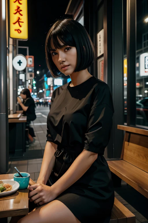 Photo of a beautiful girl, in der Stadt, Trage ein schwarzes Oberteil, genießend, Tochter, Sommer, Hot Girl, (((sehr schwere Oberweite))), Bob haircut with black and turquoise gradient, Blick in die Kamera, Urban Style clothes, symmetrisches Gesicht, fotoreallistisch, Fotografie, spectacular lighting,, magnificent, Spaltung, westlich, (Masterpice), best quality, high resolution, Extrem detailliert, Haut mit Poren, verschwommener Hintergrund, depth of fields, Beleuchtung filmisch, verschiedene Augenfarben, green on the right, links braun, Eats Ramensoup, Tokyo, Sitting in City, Eating in Restaurant, Its evening, Nightlife lifestyle, Very nice night dress, Eating Ramensoup