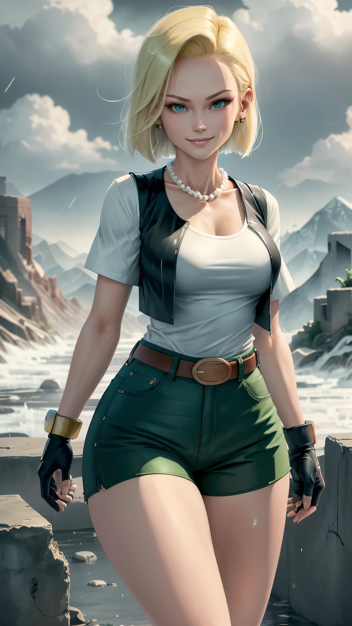 best quality, highres, and18, 1girl, android 18, solo girl, 1girl, blonde hair, blue eyes, belt, green jeans, pearl necklace, bracelets, black gloves, white shirt, short hair, short sleeves, earrings, green pants, open vest, black vest, orange socks, black shoes, medium breasts, cowboy shot, mountains, straight-on, (weather: raining and windy), wet shirt, sexy smile, combat stance, battle ruins, wide hips, thick legs, closed fists,