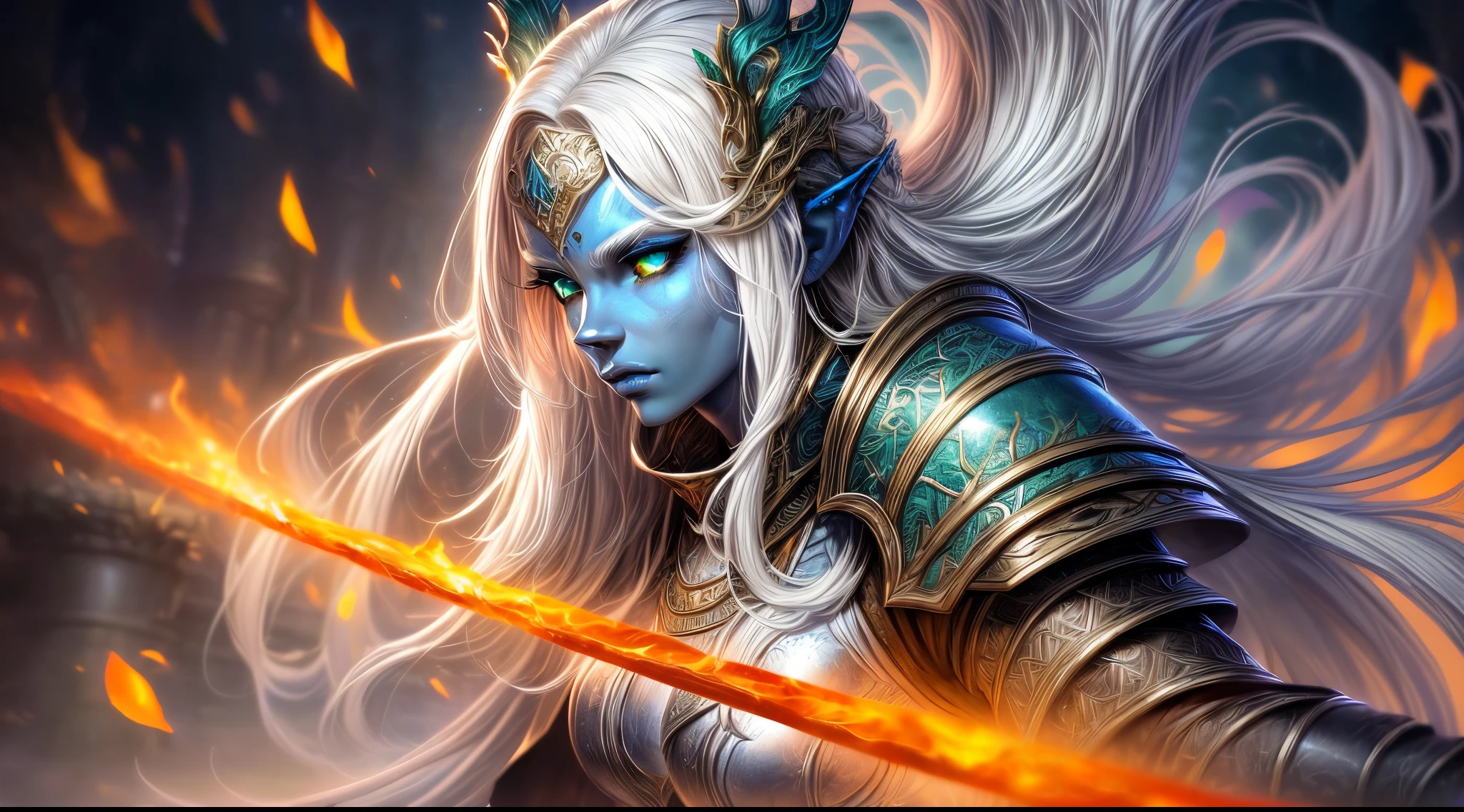 fantasy art, dnd art, RPG art, wide shot, (masterpiece: 1.4) a (portrait: 1.3) intense details, highly detailed, photorealistic, best quality, highres, portrait a vedalken female (fantasy art, Masterpiece, best quality: 1.3) ((blue skin: 1.5)), intense details facial details, exquisite beauty, (fantasy art, Masterpiece, best quality) cleric, (blue colored skin: 1.5) 1person blue_skin, blue skinned female, (white hair: 1.3), long hair, intense (green: 1.3) eye, fantasy art, Masterpiece, best quality) armed a fiery sword red fire, wearing heavy (white: 1.3) half plate mail armor, wearing high heeled laced boots, wearing an(orange :1.3) cloak, wearing glowing holy symbol GlowingRunes_yellow, within fantasy temple background, reflection light, high details, best quality, 16k, [ultra detailed], masterpiece, best quality, (extremely detailed), close up, ultra wide shot, photorealistic, RAW, fantasy art, dnd art, fantasy art, realistic art,((best quality)), ((masterpiece)), (detailed), perfect face