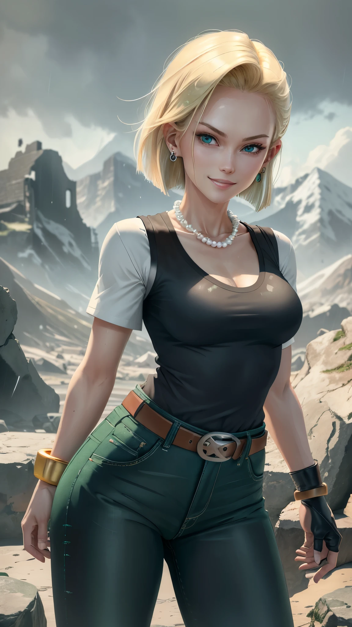 best quality, highres, and18, 1girl, android 18, solo girl, 1girl, blonde hair, blue eyes, belt, green jeans, pearl necklace, bracelets, black gloves, white shirt, short hair, short sleeves, earrings, green pants, open vest, black vest, orange socks, black shoes, medium breasts, cowboy shot, mountains, straight-on, (weather: raining and windy), wet shirt, sexy smile, combat stance, battle ruins, wide hips, thick legs, closed fists,