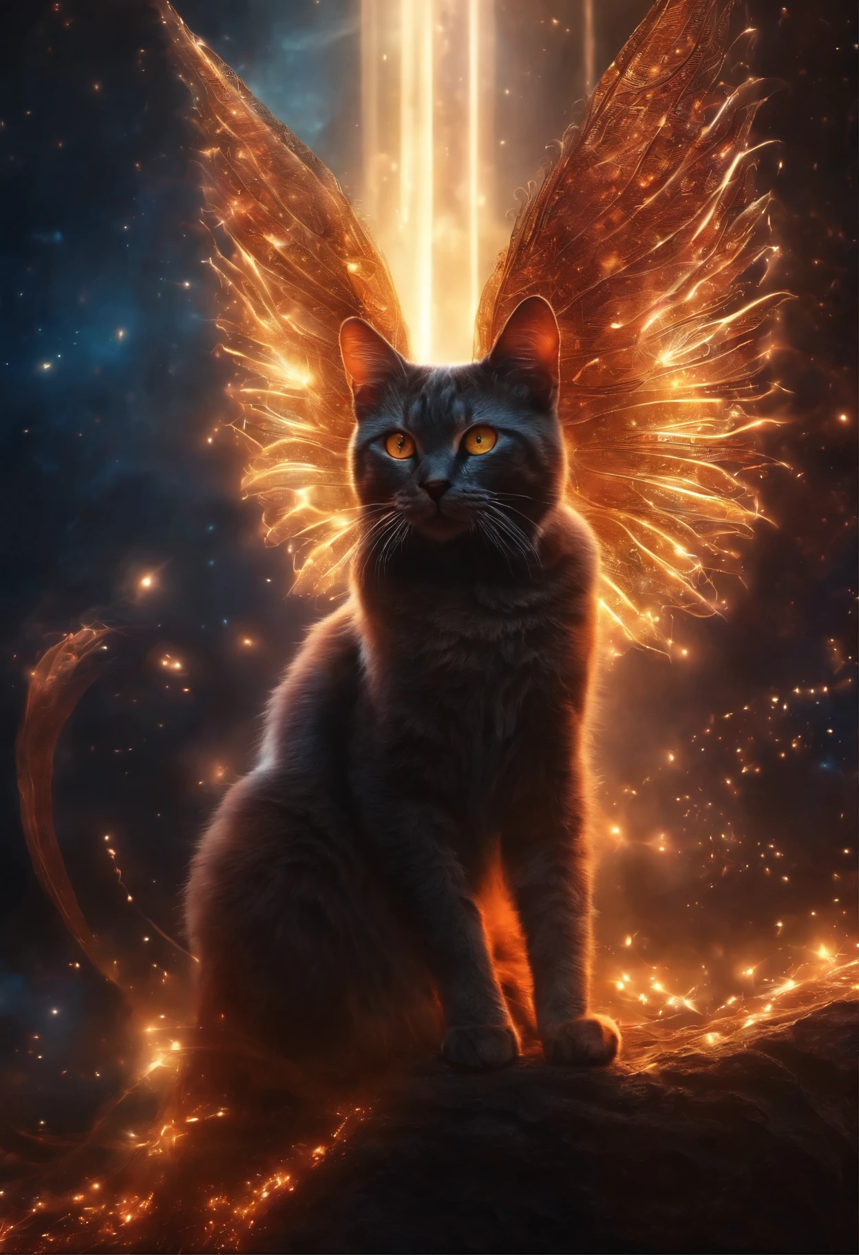Fallen Angels of the Universe, glowing light eyes, biomechanical, eery, creepy, nightmarish, Very bright colors, light Particle, with light glowing, Musif, Wallpaper Art, UHD Wallpapers cat