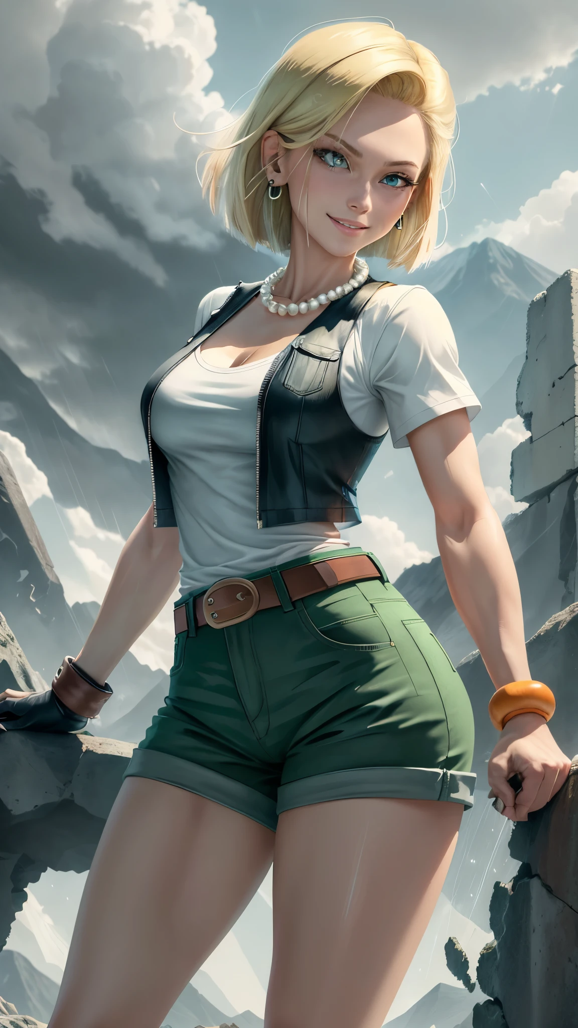 best quality, highres, and18, 1girl, android 18, solo girl, 1girl, blonde hair, blue eyes, belt, green jeans, pearl necklace, bracelets, black gloves, white shirt, short hair, short sleeves, earrings, green pants, open vest, black vest, orange socks, black shoes, medium breasts, cowboy shot, mountains, straight-on, (weather: raining and windy), wet shirt, sexy smile, combat stance, battle ruins, wide hips, thick legs, closed fists,