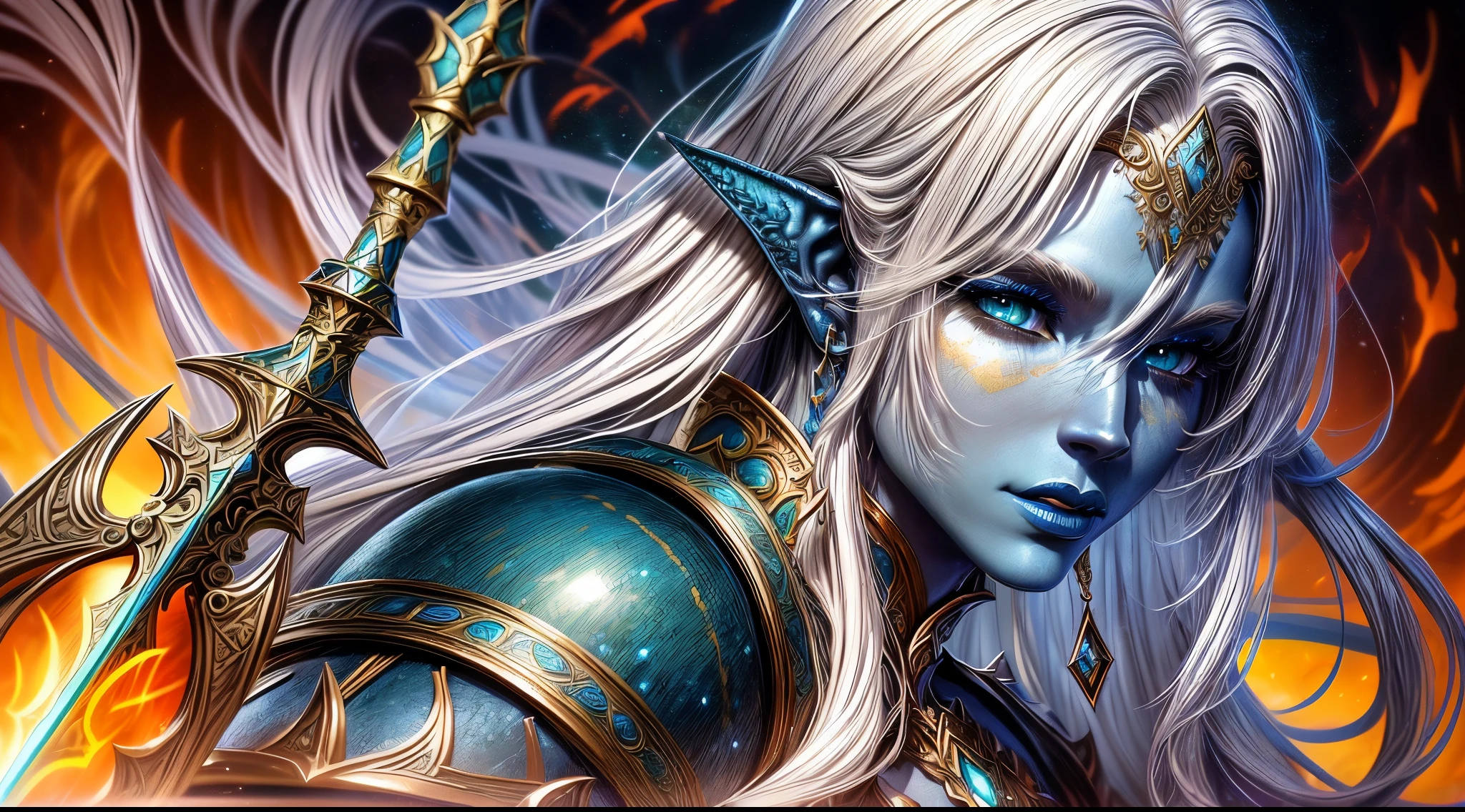 fantasy art, dnd art, RPG art, wide shot, (masterpiece: 1.4) a (portrait: 1.3) intense details, highly detailed, photorealistic, best quality, highres, portrait a vedalken female (fantasy art, Masterpiece, best quality: 1.3) ((blue skin: 1.5)), intense details facial details, exquisite beauty, (fantasy art, Masterpiece, best quality) cleric, (blue colored skin: 1.5) 1person blue_skin, blue skinned female, (white hair: 1.3), long hair, intense (green: 1.3) eye, fantasy art, Masterpiece, best quality) armed a fiery sword red fire, wearing heavy (white: 1.3) half plate mail armor, wearing high heeled laced boots, wearing an(orange :1.3) cloak, wearing glowing holy symbol GlowingRunes_yellow, within fantasy temple background, reflection light, high details, best quality, 16k, [ultra detailed], masterpiece, best quality, (extremely detailed), close up, ultra wide shot, photorealistic, RAW, fantasy art, dnd art, fantasy art, realistic art,((best quality)), ((masterpiece)), (detailed), perfect face