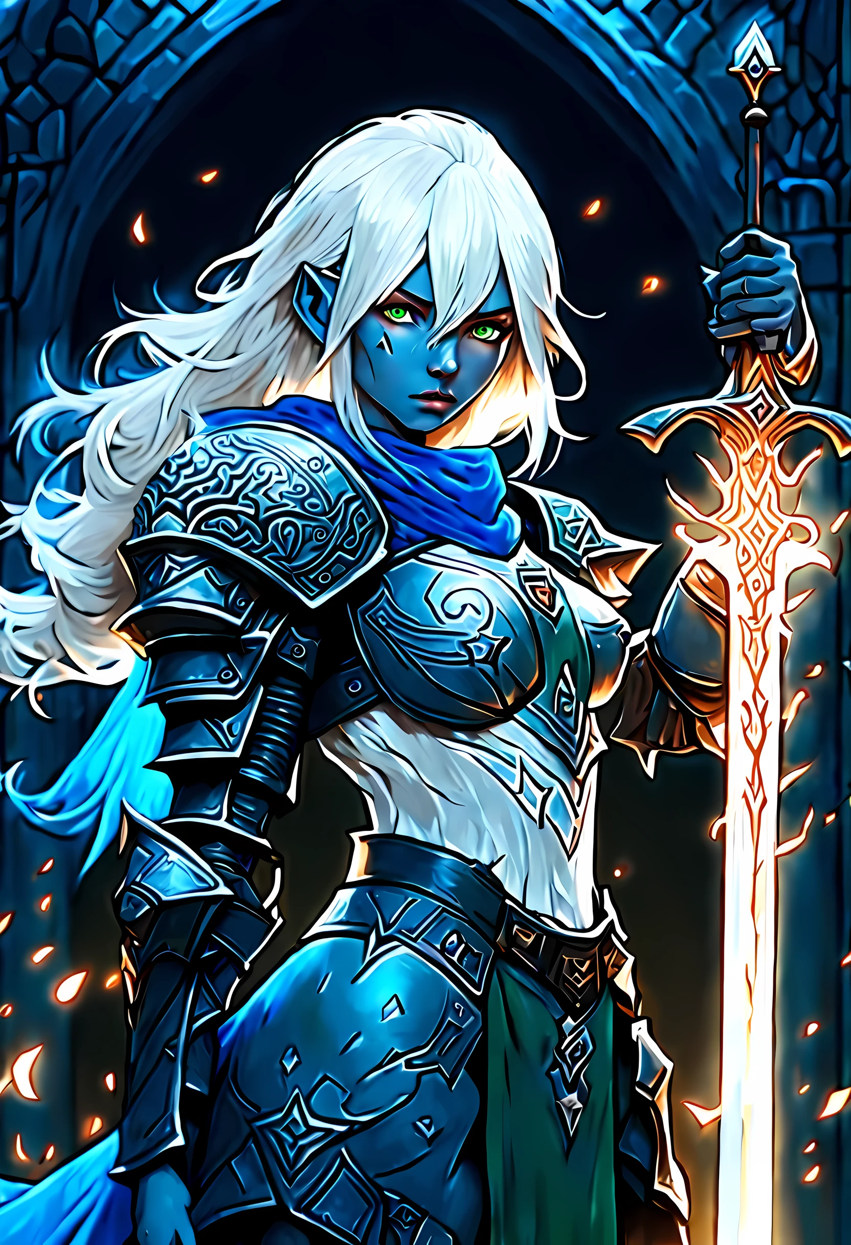 fantasy art, dnd art, RPG art, wide shot, (masterpiece: 1.4) a (portrait: 1.3) intense details, highly detailed, photorealistic, best quality, highres, portrait a vedalken female (fantasy art, Masterpiece, best quality: 1.3) ((blue skin: 1.5)), intense details facial details, exquisite beauty, (fantasy art, Masterpiece, best quality) cleric, (blue colored skin: 1.5) 1person blue_skin, blue skinned female, (white hair: 1.3), long hair, intense (green: 1.3) eye, fantasy art, Masterpiece, best quality) armed a fiery sword red fire, wearing heavy (white: 1.3) half plate mail armor, wearing high heeled laced boots, wearing an(orange :1.3) cloak, wearing glowing holy symbol GlowingRunes_yellow, within fantasy temple background, reflection light, high details, best quality, 16k, [ultra detailed], masterpiece, best quality, (extremely detailed), close up, ultra wide shot, photorealistic, RAW, fantasy art, dnd art, fantasy art, realistic art,((best quality)), ((masterpiece)), (detailed), perfect face