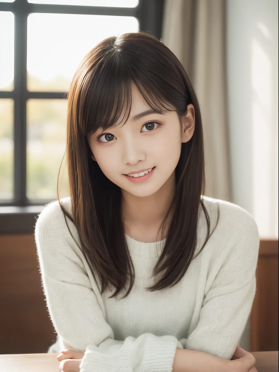 table top, highest quality, 8K, 10 years old, Ten generations, RAW photo, absurd, award winning portrait, smile, alone, idol face, Biolace, delicate girl, Upper body, Digital single-lens reflex camera, looking at the viewer, Frank, Sophisticated,thin arms, professional lighting, film grain, chromatic aberration, (Eye and face details:1.0), (Bokeh:1.1) , (white sweater:1.1) , close your mouth ,