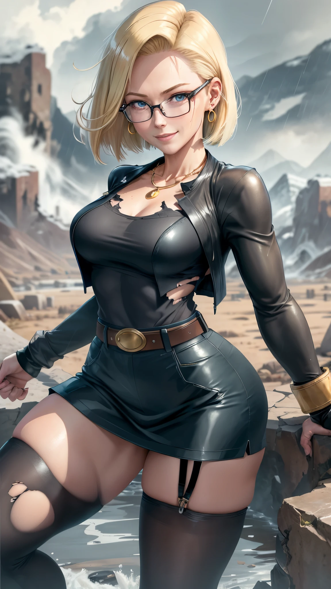 best quality, highres, and18, 1girl, android 18, solo girl, 1girl, blonde hair, blue eyes, belt, high heels, black long bodycon skirt, gold necklace, white blouse, short hair, blue sweater, earrings, reading glasses, medium breasts, cowboy shot, mountains, straight-on, (weather: raining and windy), wet body, sexy smile, combat stance, thigh high stockings, garter belt, battle ruins, wide hips, thick legs, torn clothes, closed fists, hair pin,