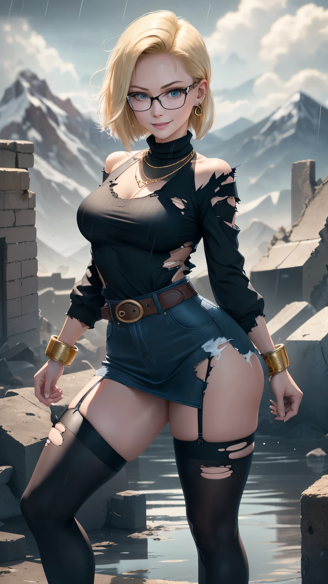 best quality, highres, and18, 1girl, android 18, solo girl, 1girl, blonde hair, blue eyes, belt, high heels, black long bodycon skirt, gold necklace, white blouse, short hair, blue sweater, earrings, reading glasses, medium breasts, cowboy shot, mountains, straight-on, (weather: raining and windy), wet body, sexy smile, combat stance, thigh high stockings, garter belt, battle ruins, wide hips, thick legs, torn clothes, closed fists, hair pin,