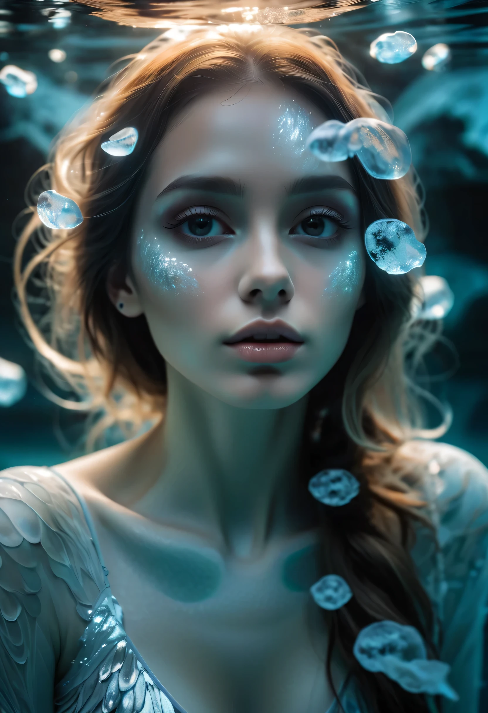 Photography under the glacier,bioluminescence,close up,The sun shines on the face through the ice,Tyndall effect,Fantasy lighting effects,dream color,Silver and white jellyfish,around girls,Beautiful girl selfie,Exquisite and beautiful facial features,There are transparent fish scales on the face,Tattoo of scales,laser tattoo,Super sense of space,Dreamy and exquisite makeup,The color scheme is very advanced,The face shines charmingly in the water,Unique charm,Showing the mystery and beauty of the world under the glacier,Water ripple reflective,True and delicate skin texture,Side backlight,toplight,Technology elements,Said Punk,Transparent Background,Strange underwater world,fluorescence,dark magic