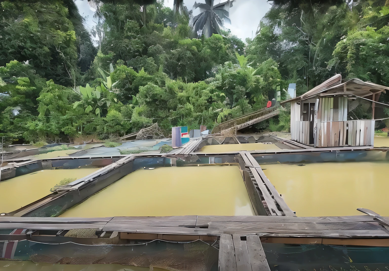 Fish cages under the river, fish nets in the river, fish cage business, Malaysia river fish cage breeder, wooden panels for walking beside the fish cages,  oil drums on wooden panels, Malaysia trees, and jungle in the background, 2D animation background art, Disney-style art background, concept art