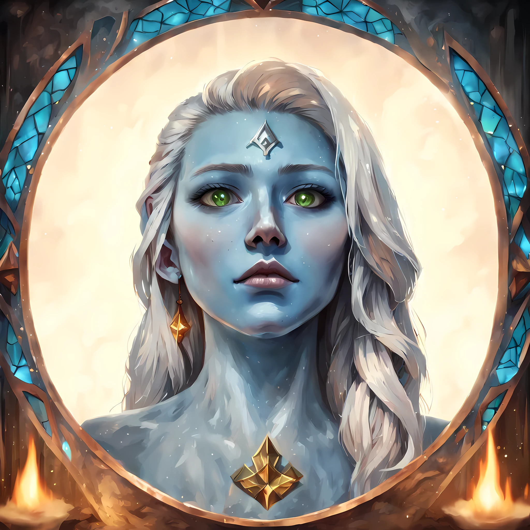 fantasy art, dnd art, RPG art, wide shot, (masterpiece: 1.4) a (portrait: 1.3) intense details, highly detailed, photorealistic, best quality, highres, portrait a vedalken female (fantasy art, Masterpiece, best quality: 1.3) ((blue skin: 1.5)), intense details facial details, exquisite beauty, (fantasy art, Masterpiece, best quality) cleric, (blue colored skin: 1.5) 1person blue_skin, blue skinned female, (white hair: 1.3), long hair, intense (green: 1.3) eye, fantasy art, Masterpiece, best quality) armed a fiery sword red fire, wearing heavy (white: 1.3) half plate mail armor, wearing high heeled laced boots, wearing an(orange :1.3) cloak, wearing glowing holy symbol GlowingRunes_yellow, within fantasy temple background, reflection light, high details, best quality, 16k, [ultra detailed], masterpiece, best quality, (extremely detailed), close up, ultra wide shot, photorealistic, RAW, fantasy art, dnd art, fantasy art, realistic art,((best quality)), ((masterpiece)), (detailed), perfect face