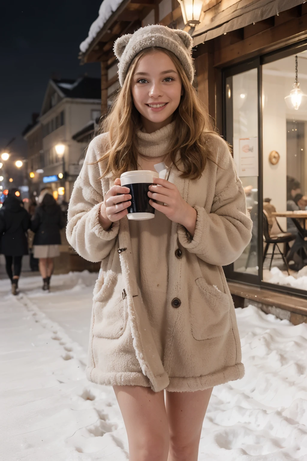 wide shot, cute young blonde girl with perfect body, wearing cozy furry clothing for the cold in Brussels Belgium, Winter, snow on ground, stone walkways covered in snow, skin texture 4k, goosebumps on skin, she's looking at camera smiling flirtingly with cute pose, warm lights from cafes and buildings. She also has ear muffs on. 4k tourists walking around streets in background wearing warm clothing. Holding warm coffee in her hand
((best quality)), ((masterpiece)), (detailed), perfect face