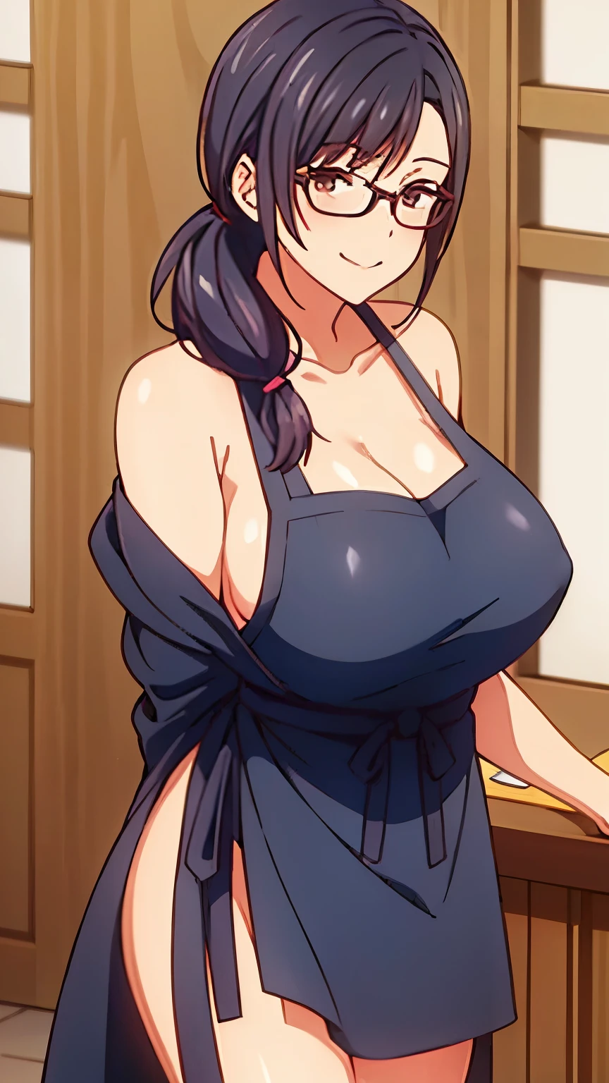 1 milf, ponytail hair, smiling, wearing a glasses, naked( use an apron)