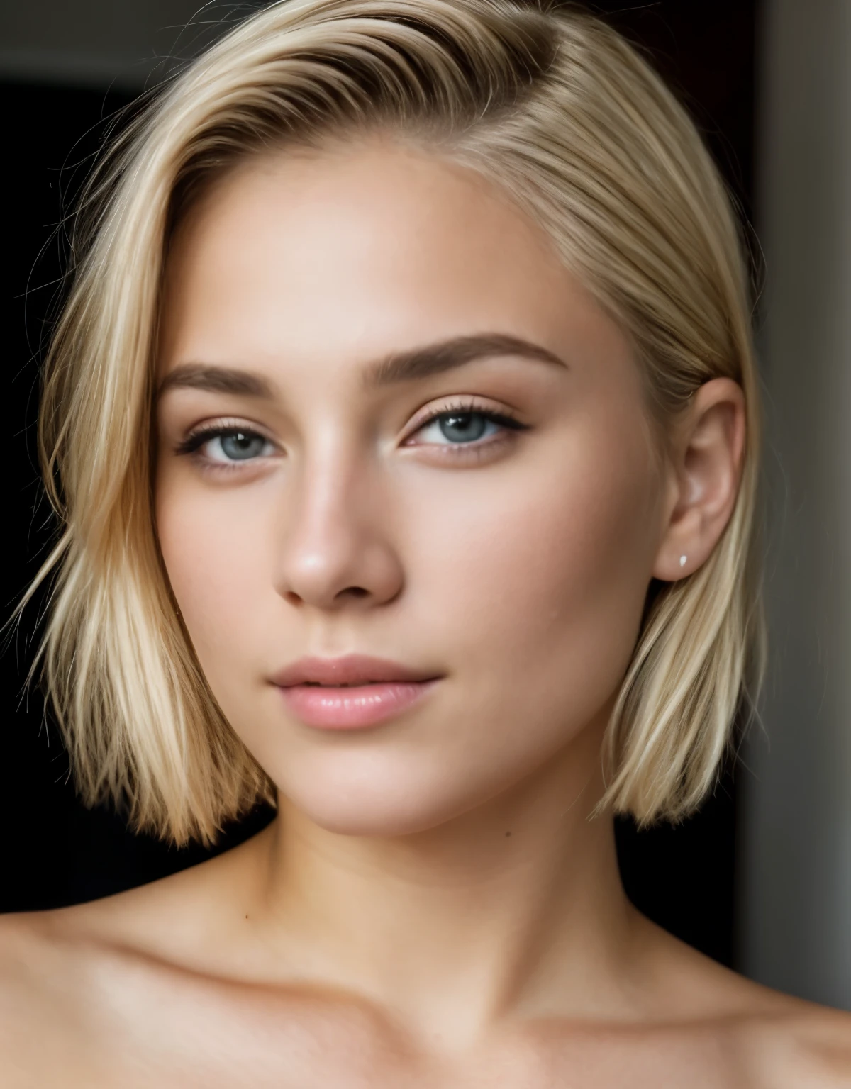 ultra detailed photo of a 25 years old beautiful woman,short straight blonde hair , thin pointy nose, ultra detailed face, beautiful big dark and light green eyes ,big eyelashes, no makeup, suntan, slender, nude breast, holding a wide well defined penis