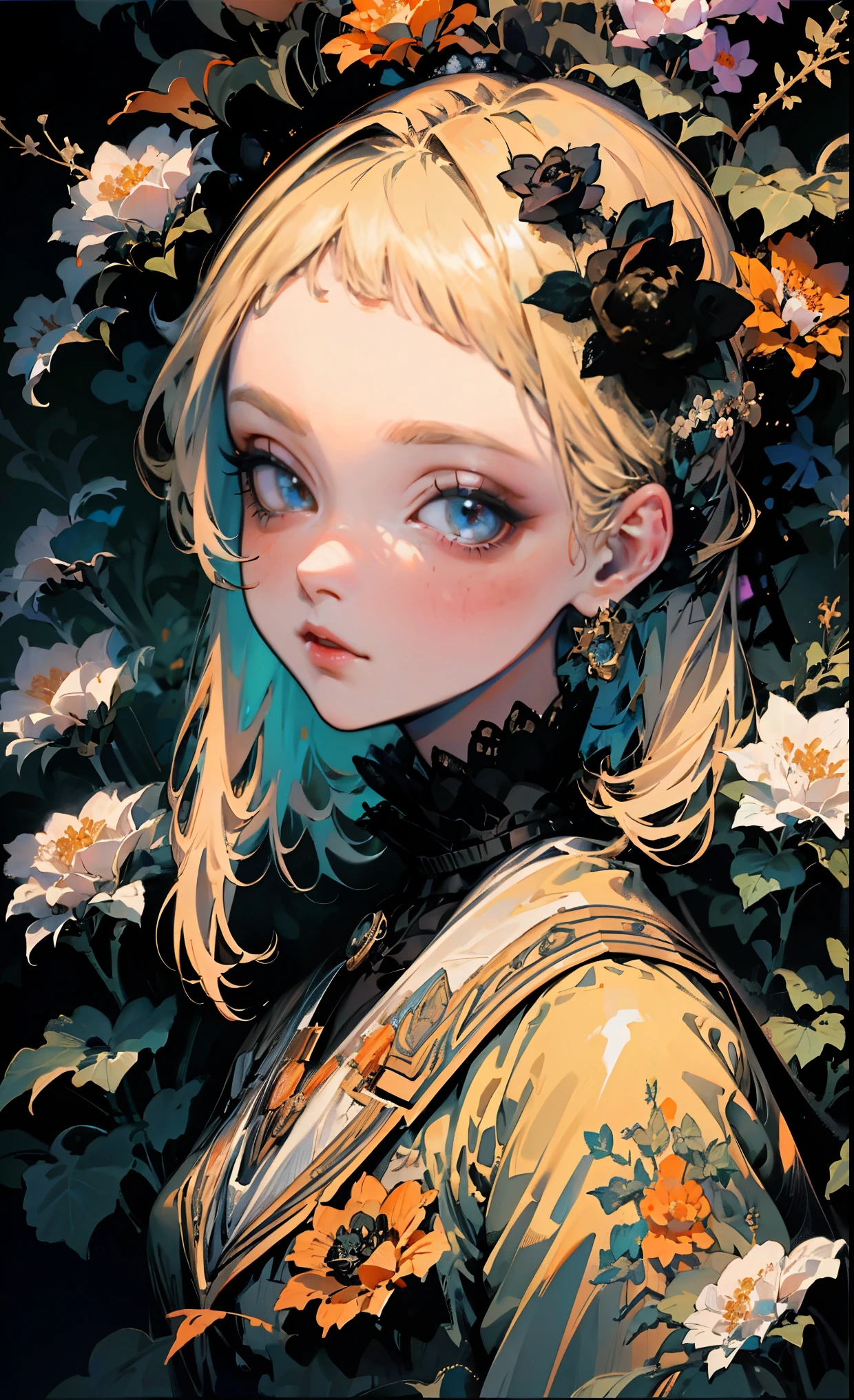 best quality, 4K wallpaper, masterpiece, extremely detailed CG wallpaper unit 8k, extremely detailed eyes, ultra-detailed, intricate details, jppop art style, 1girl, blonde, looking facing the viewer, live outdoor, black rose garden, full black flowers, black flower background,