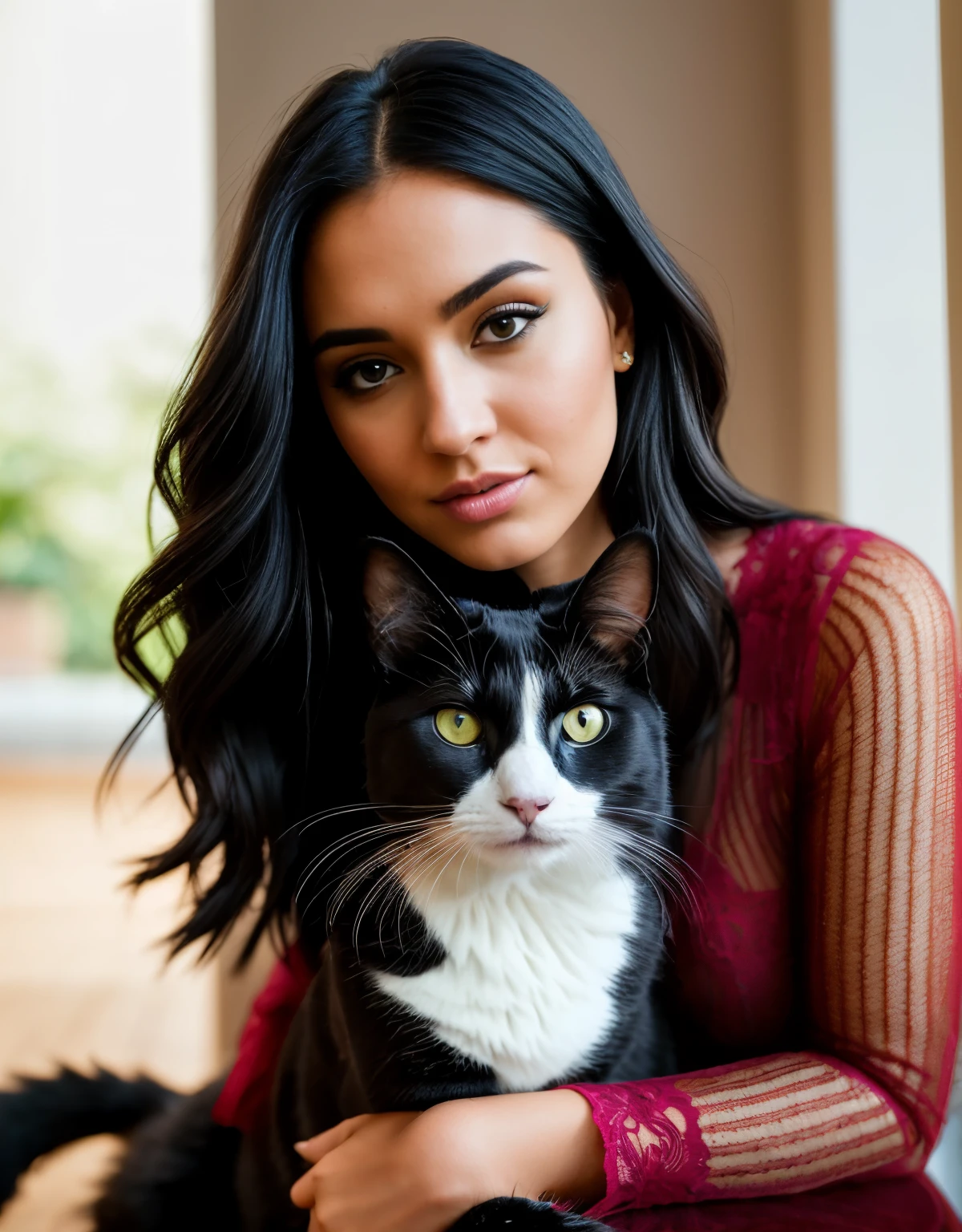 a hypersensual woman with a cat, instagram influencer, hot on CANON R5, 85mm lens, photo shoot, depth of field, incredibly detailed intricate, hyper maximalist, elegant, hyper realistic, super detailed, dynamic pose, centered, photography, natural light, dynamic, highly detailed, sharp focus