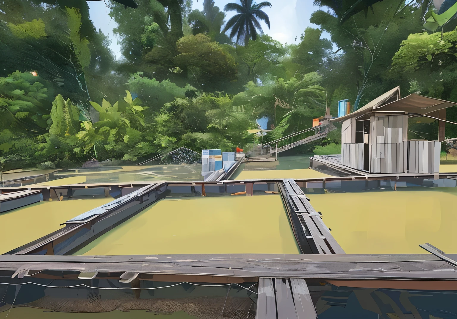 Fish cages under the river, fish nets in the river, fish cage business, Malaysia river fish cage breeder, wooden panels for walking beside the fish cages, oil drums on wooden panels, Amazon trees, and jungle in the background, 2D animation background art, Disney-style art background, concept art