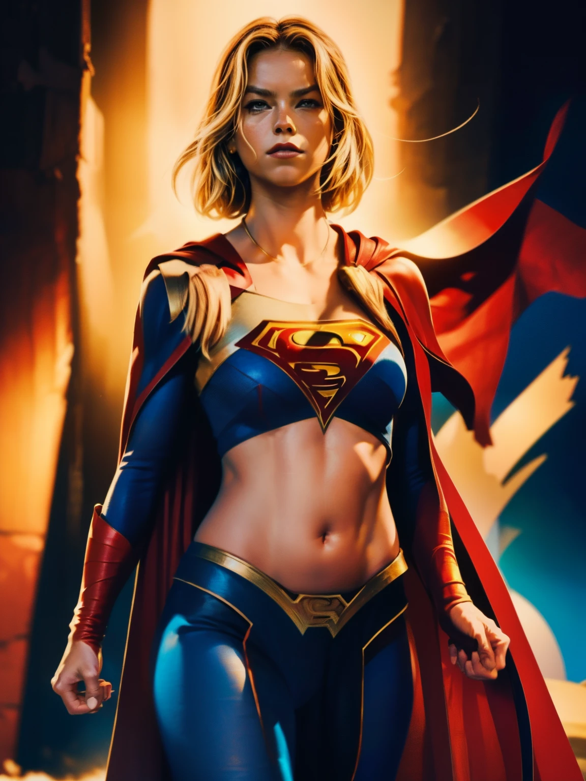 Cinematic. (((A comic style, cartoon art))). Supergirl Posing for photo (((in epic heroic pose))) , wearing his iconic red and blue uniform, Showing the belly,  , ((Wearing a Red  cape)) . (((Hot Body, camel toes))). ((((Abstract Comic background )))) , vivid colors, detailed, detailed face, realistic shadows and bright, glowing.