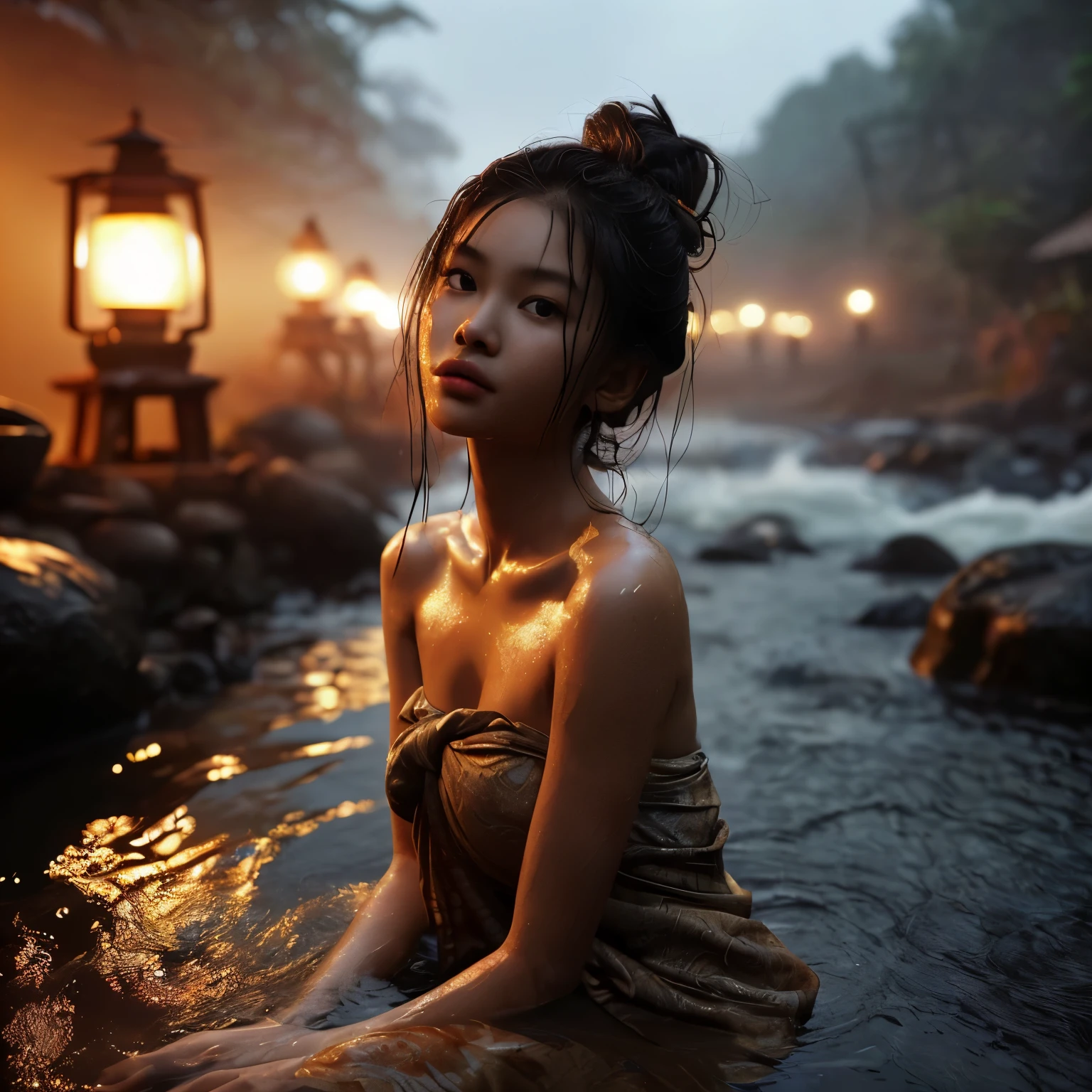 evening, drizzling rain, backlight, naturally beautiful Indonesian Javanese girl, 18 years old, detailed face, shiny skin, slightly tangled hair tied in a bun, having bath on a river wearing short batik faded sarong, satisfy expression, showing cleavage ((( big breast))) the atmosphere is dimly lit, there is only 1 traditional lantern, clear river flows, naturally rocky. hyper realistic photos. Photo taken with Fujifilm XF 56mm f/1.2 R Lens. 35mm, high detailed, wallpaper quality, good anatomy, correct body, correct hand & correct fingers anatomy 