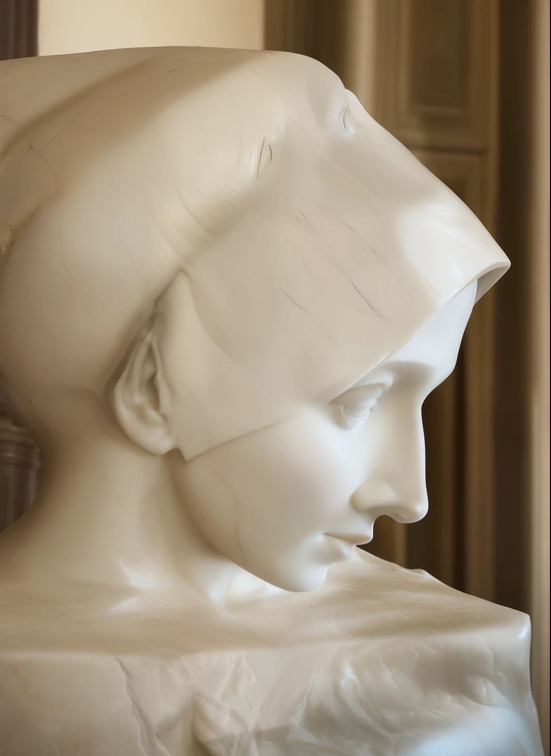 a close up of a statue of a Mulher with a head covering, Bernini, michelangelo Escultura, a marble Escultura, marble Escultura, Escultura of a Mulher, por Gian Lorenzo Bernini, busto de mármoreo, Escultura of carving marble, busto, marble Esculturas, Feito de mármore de Carrara, Mulher, Escultura, close up portrait busto of Mulher, classical marble Escultura