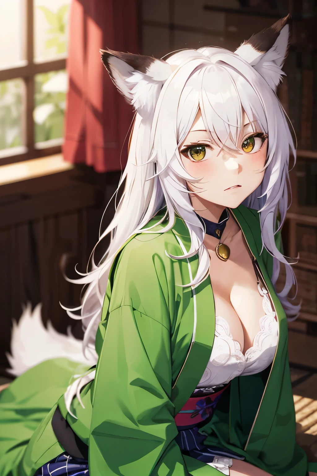 masterpiece, worst quality, low resolution, 1girl,
sitting, displeased expression, leg crossed, poorly lit room,
fox girl, huge breasts, fox ears, white long hair, k1m0n0,
green jacket, sash, Japanese clothes, kimono (low quality: 0.9),
mature female, leaning forward, cleavage, negative, obscured face, --auto --s2