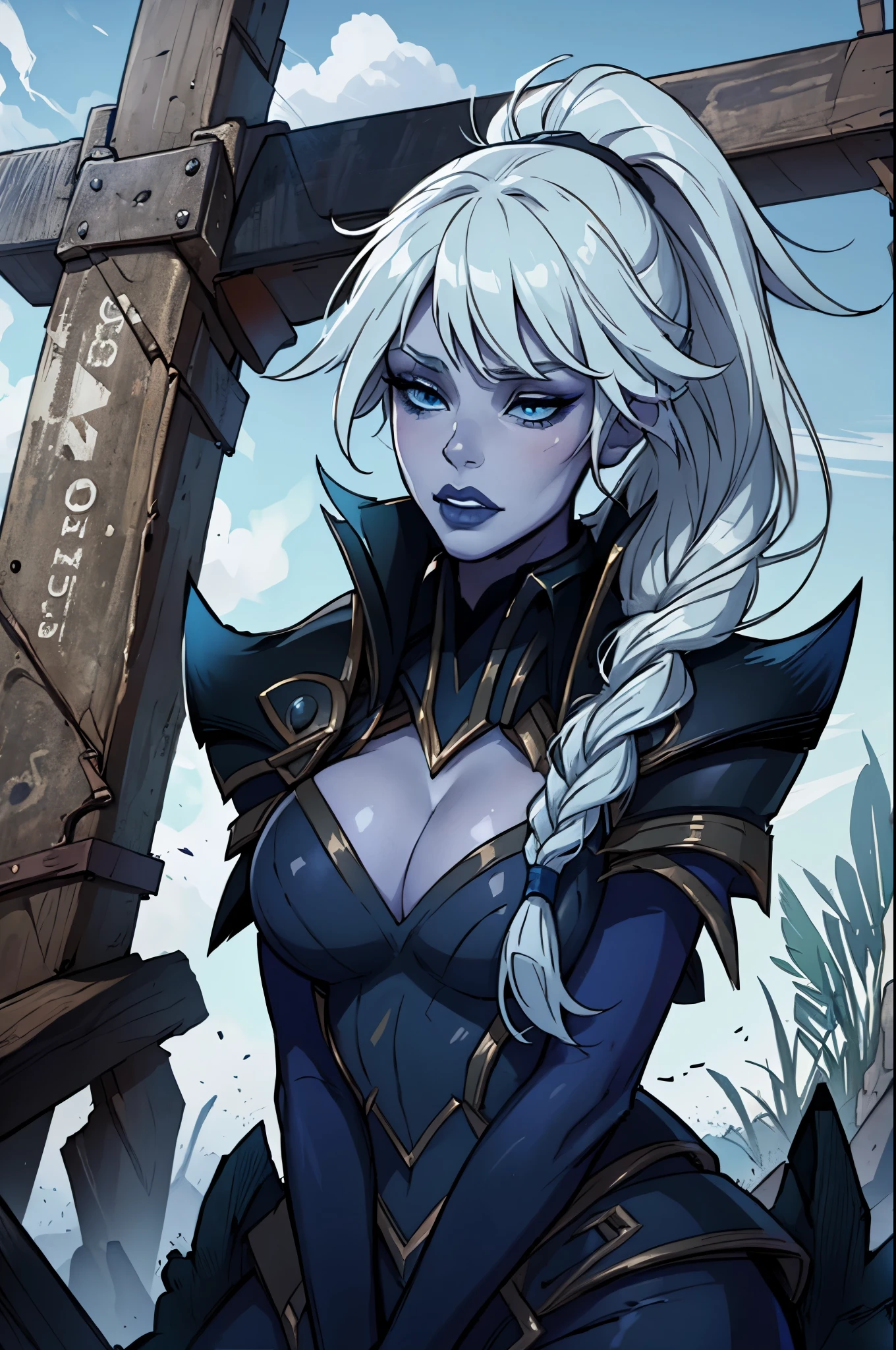 masterpiece, best quality, beautiful, portrait, close up face, ice witch, lissandra, upset, ponytail, long single braid over head