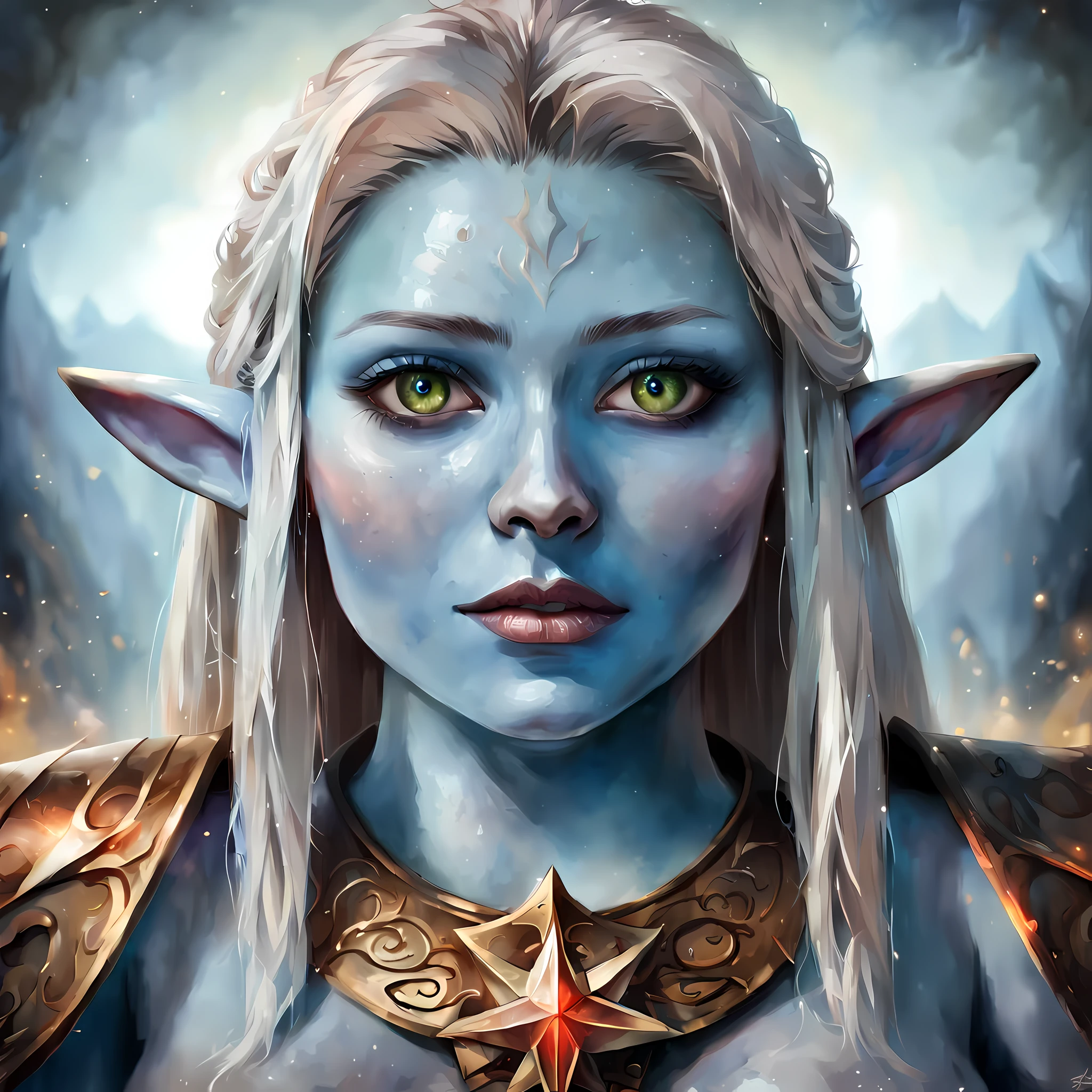 fantasy art, dnd art, RPG art, wide shot, (masterpiece: 1.4) a (portrait: 1.3) intense details, highly detailed, photorealistic, best quality, highres, portrait a vedalken female (fantasy art, Masterpiece, best quality: 1.3) ((blue skin: 1.5)), intense details facial details, exquisite beauty, (fantasy art, Masterpiece, best quality) cleric, (blue colored skin: 1.5) 1person blue_skin, blue skinned female, (white hair: 1.3), long hair, intense (green: 1.3) eye, fantasy art, Masterpiece, best quality) armed a fiery sword red fire, wearing heavy (white: 1.3) half plate mail armor, wearing high heeled laced boots, wearing an(orange :1.3) cloak, wearing glowing holy symbol GlowingRunes_yellow, within fantasy temple background, reflection light, high details, best quality, 16k, [ultra detailed], masterpiece, best quality, (extremely detailed), close up, ultra wide shot, photorealistic, RAW, fantasy art, dnd art, fantasy art, realistic art,((best quality)), ((masterpiece)), (detailed), perfect face, ((no ears: 1.6))