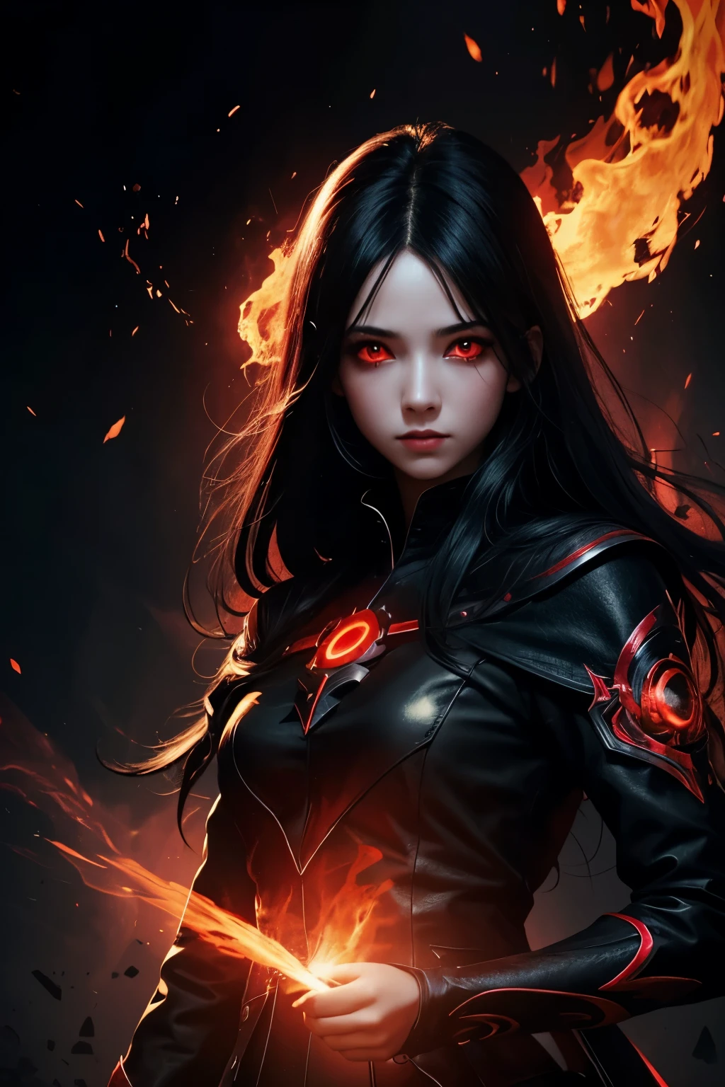 1 girl, Black hair, red eyes, Fire Witch, blood, light particles, light rays, wallpaper, high contrast, colorful