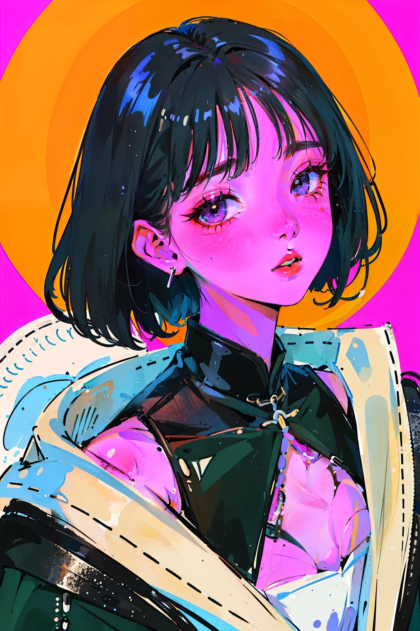 (portlate:1.4), (masterpiece:1.2, top-quality:1.2), From above, The upper part of the body, 1girl in, look up to, sface focus, extra detailed face, extremely detailed eye, goodlooking, make - up, Fingers on lips, Lunette de soleil, Fashion Wear, 耳环,Manga、Cat