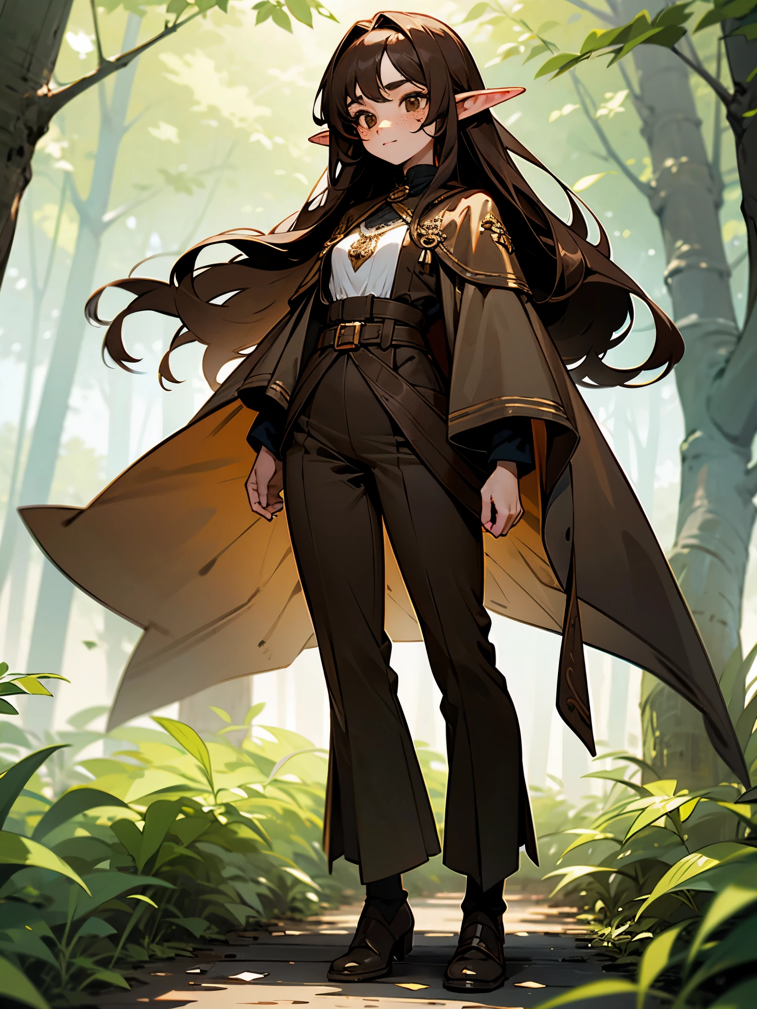 Elf girl, long brown hair, brown eyes, freckles, brown clothes, in a forest, full body,