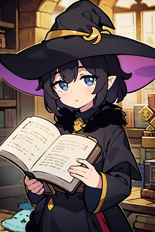 make a little cute witch ,black acessories,magic book,detailed eyes.