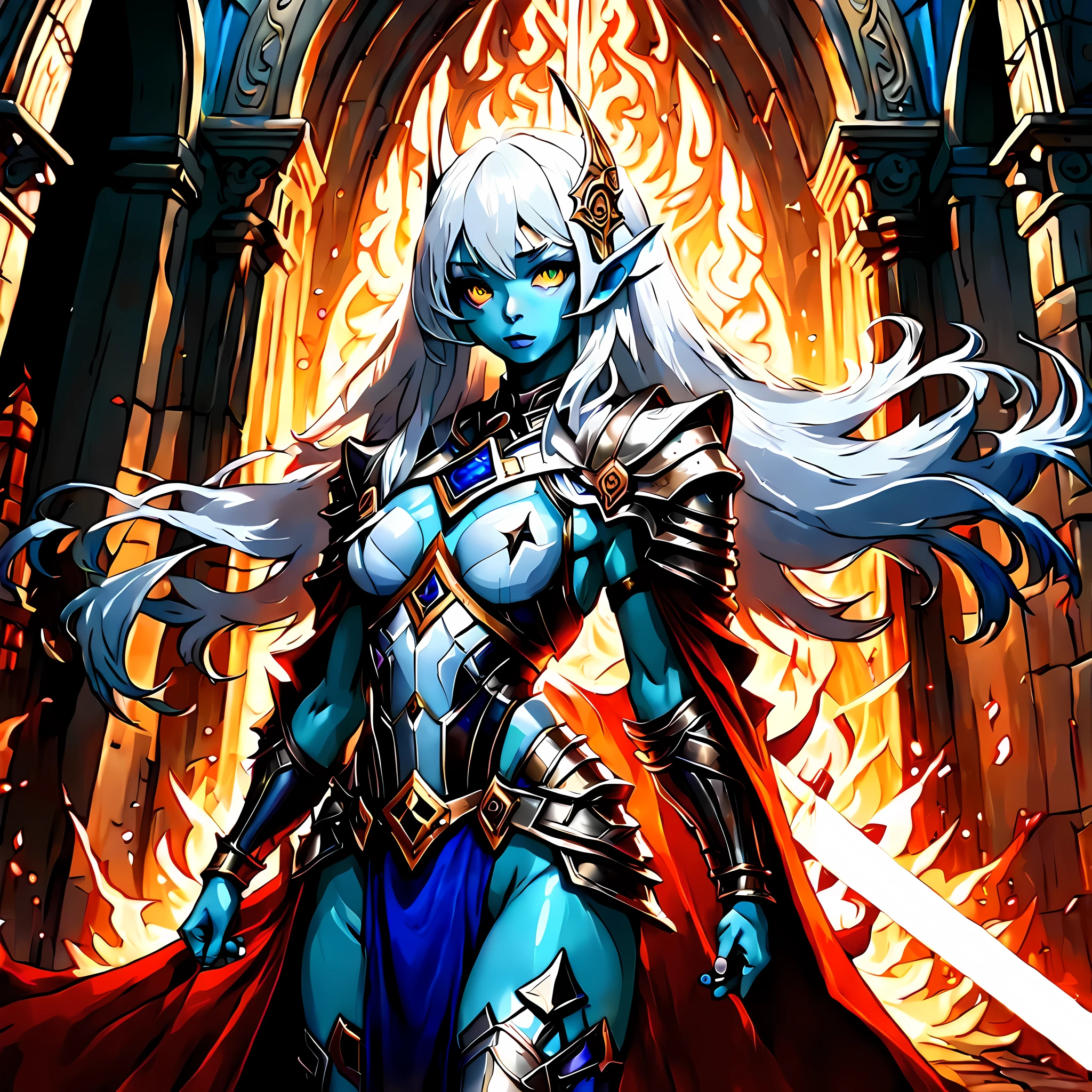 solo, female Anthro ice dragon with black body, big heavy breasts, wide hips, abs muscular body, wide hips, long white hair. 7.3 ft tall. I am a The rightful princess of the Ice Dragon Kingdom, Commander of the Imperial Guard. wearing a gold plate armor and red cape with a bare left arm and with a black sword of the champion on my belt and golden laurel wreath of the winner on his head, My right eye is covered by eye patch leather straps,