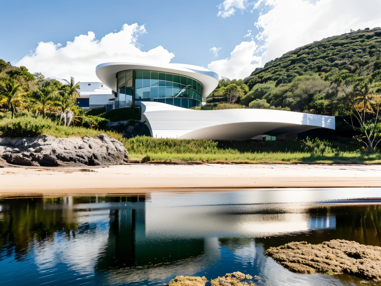 foto crua, (biomorphic museum building seen from outside), ((front elevation)), (limestone), Curvilinear, bordas curvas, Mediterranean sea environment, white sky, (luz difusa:1.3) (areia Branca), estilo minimalista, particulas sujas, fotografia de arquitetura, hiper-realista, super detalhado, 8k, Nikon Z6 mirrorless camera, Film grain