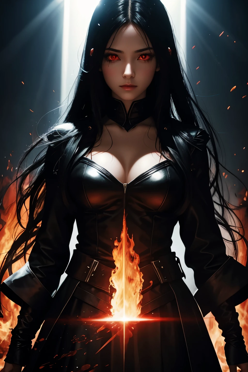 1 girl, Black hair, red eyes, Fire Witch, blood, light particles, light rays, wallpaper, high contrast, colorful