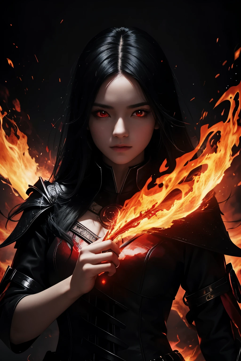 1 girl, Black hair, red eyes, Fire Witch, blood, light particles, light rays, wallpaper, high contrast, colorful