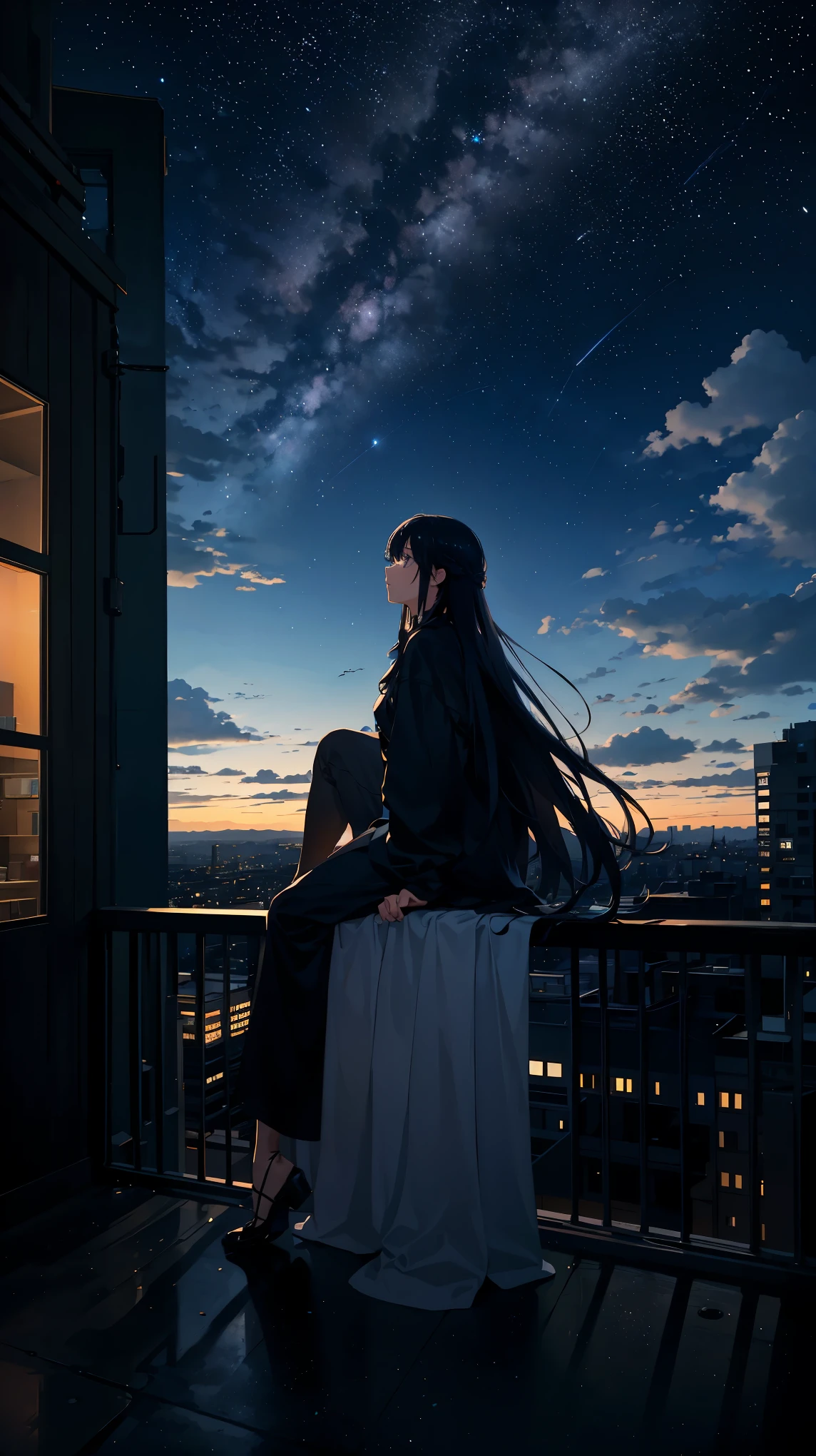 octans, sky, stars (sky), landscape, starry sky, night, 1girl, night sky, solo, outdoor, signature, architecture, clouds, milky way, sitting, tree, long hair, city, silhouette, cityscape