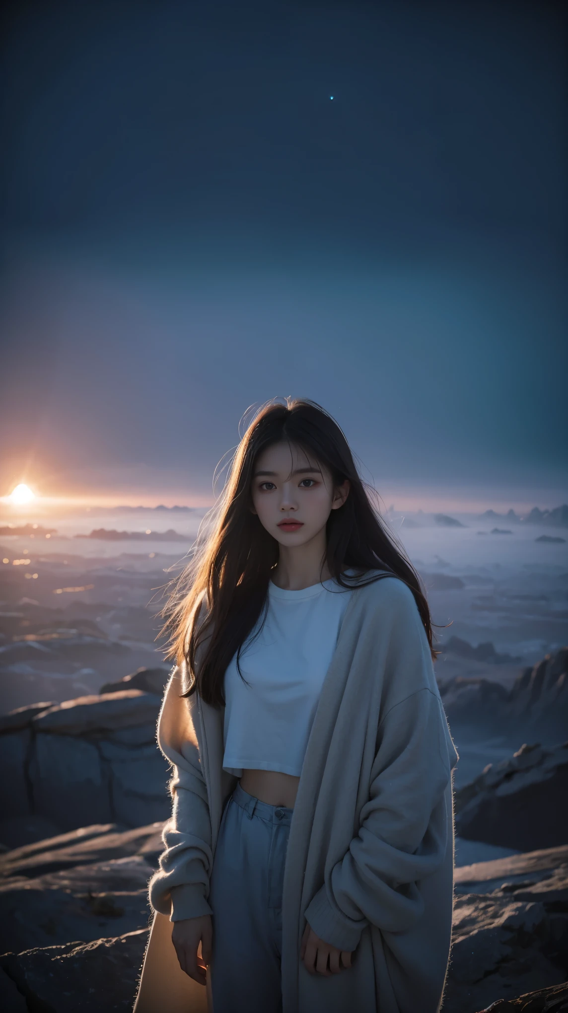 beautiful  Girl \"nffsw\",Outer space,DryRocks Environment,Interstellar,surrealism,Dreamy dim sunlight. minimalism,天空,amplitude,Faint accent lights,Film grain,Horror Pictures,Foggy and foggy atmosphere,lightly dressed